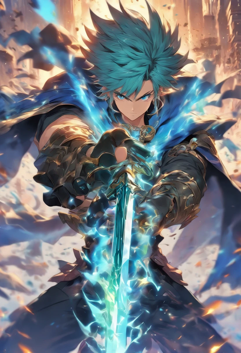 anime character with a sword and a cape holding a gun, keqing from genshin impact, genshin impact character, key anime art, zhongli from genshin impact, official character art, full portrait of elementalist, genshin impact style, fullbody rpg portrait, young shadow mage male, tall anime guy with blue eyes, shadowverse style