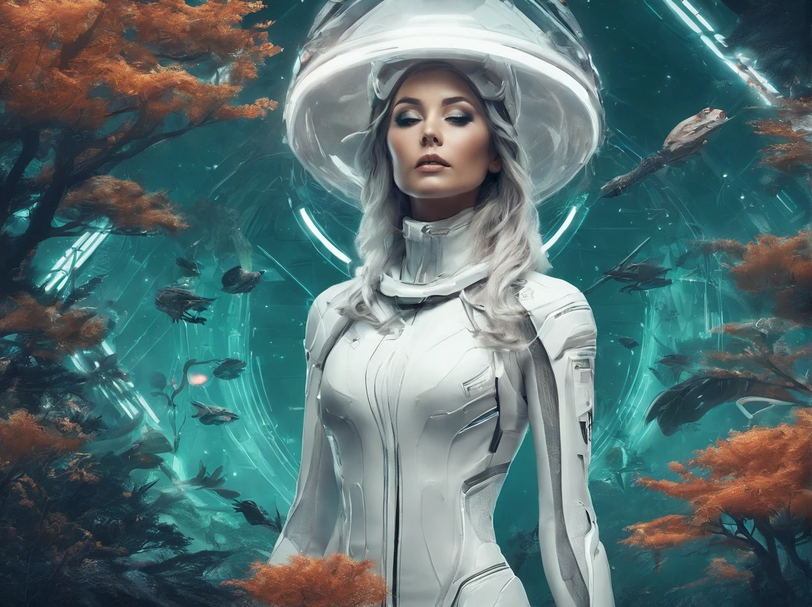 mujer bruja blanca en medio del bosque con plantas y animales