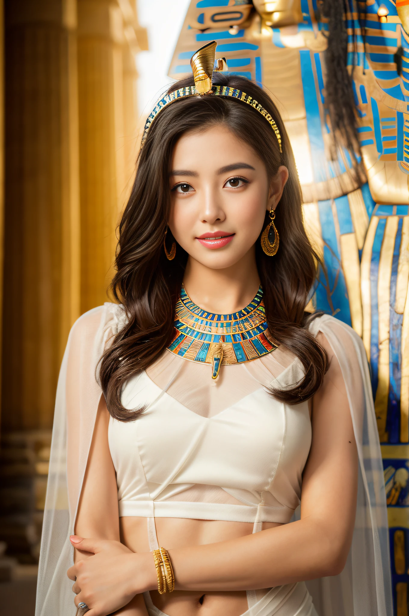 (((ancient egyptian Kalasiris))),(((ancient egyptian queen headpiece)),(((drink wine elegantly)))),(((bib necklace))),(((bare inner thigh))),(((bangle))),(((ancient egypt traditional white sheer fabric cape))),ulzzang-6500-v1.1, (Raw photo:1.2), (Photo realistic:1.4), a beautiful detailed girl, extremely detailed eye and face, beautiful detailed eyes, ultra-detailed, High resolution, top-quality, masterpiece, highly detailed, 8k wallpaper, Wonderful, finely detail, top-quality, Light on the face,电影灯光,1girl in,(ancient egypt pyramids and sphinx),Beautiful eyes,smile,Opening Mouth