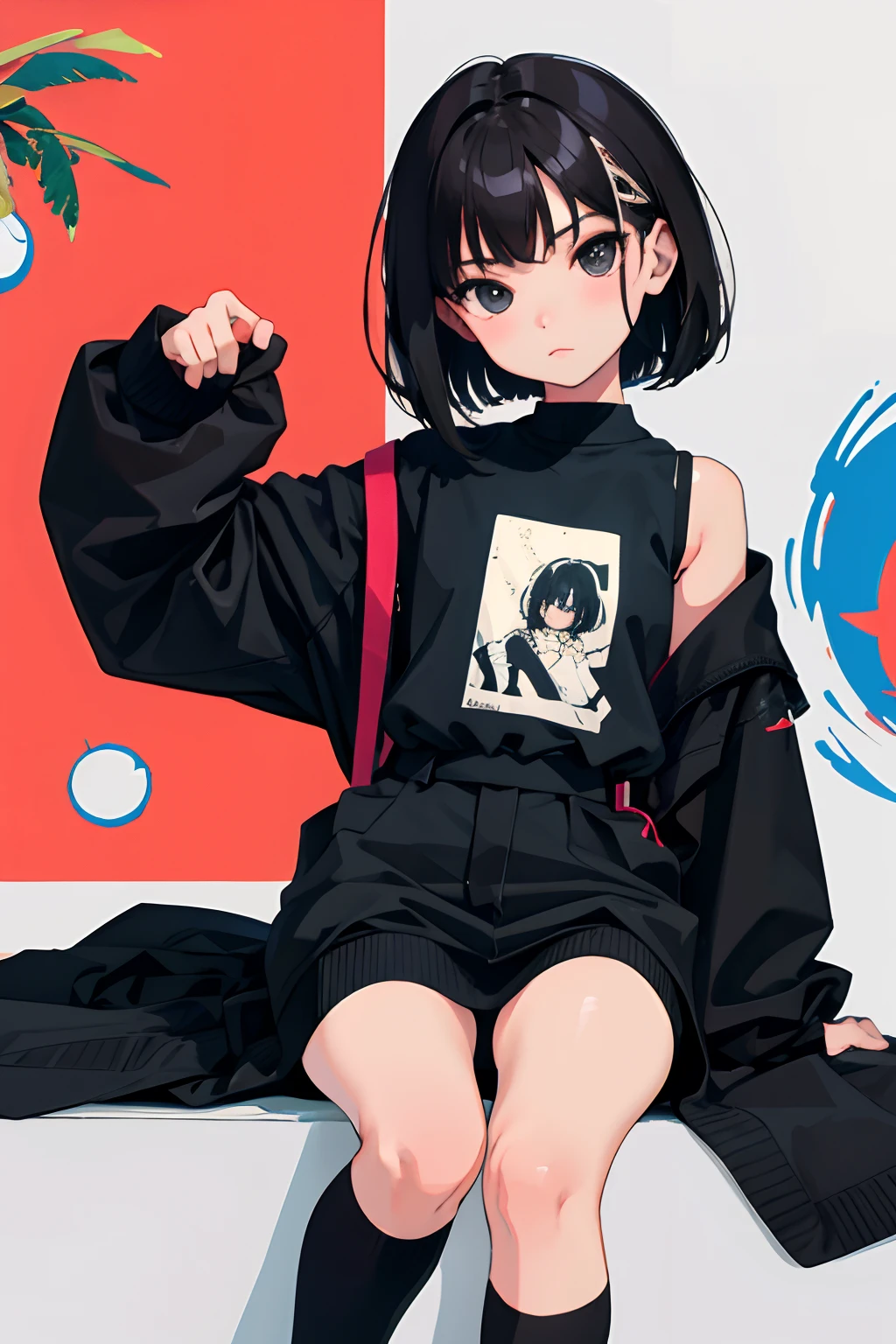 ,(masterpiece,Highest Quality),Zettai Ryoki Thigh,A dark-haired,Medium bob,Black socks