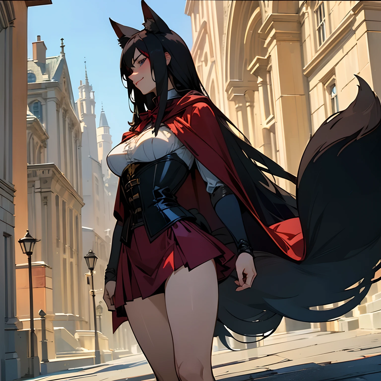 ((masterpiece)),((high resolution)),((best quality)),extremely fine and beautiful, super fine illustration, beautiful detailed girl, supple breasts, front view, facing at viewer, black hair, (Happy:1.4), (see-through:0.0), covered, hair covering breasts, black hair, (very long hair), fox ears, blue eyes, profile, RedHoodWaifu, (red hood, cape, corset, dress, red skirt), body conscious, (((dark voluminous fox tail))), medium-large breasts, (muscular thighs), muscular, bright smile, movie lighting, perfect shadow, realistic lighting shaded, (walking down street), medieval fantasy city scenery