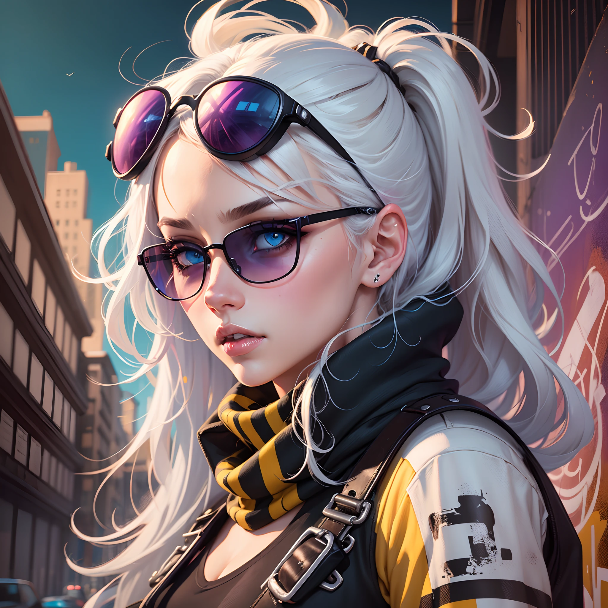 highly detailed portrait of a sewer emo punk woman student, blue eyes, sunglasses, tartan scarf, white hair by atey ghailan, by greg rutkowski, by greg tocchini, by james gilleard, by joe fenton, by kaethe butcher, gradient yellow, black, brown and magenta color scheme, grunge aesthetic!!! graffiti tag wall background --auto --s2