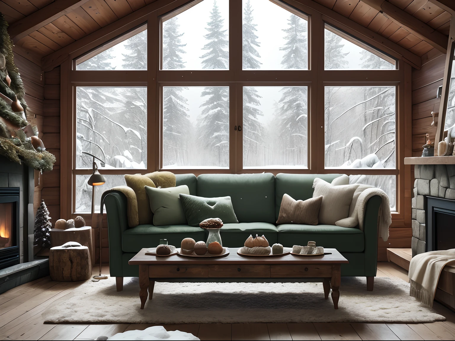(Best quality,2k wallpaper),wooden cabin,In the falling snow window,fireplace,Living room,Vintage style,Green sofa,Bring bread,Cupcakes,Pine cones on the table,