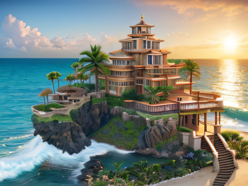 (Perfect artwork, Masterpiece:1.3), Top quality, 8K, Digital illustration, (fantasy), Sharp focus, inricate, (Details), Perfect framing FF8BG, No Man, Outdoors, Building, Ocean, Seaside village, tropical, architecture, sandrocks, voluminetric lighting, full bloom, (scenery), sea breezes, palm tree, (Contemporary), Futuristic