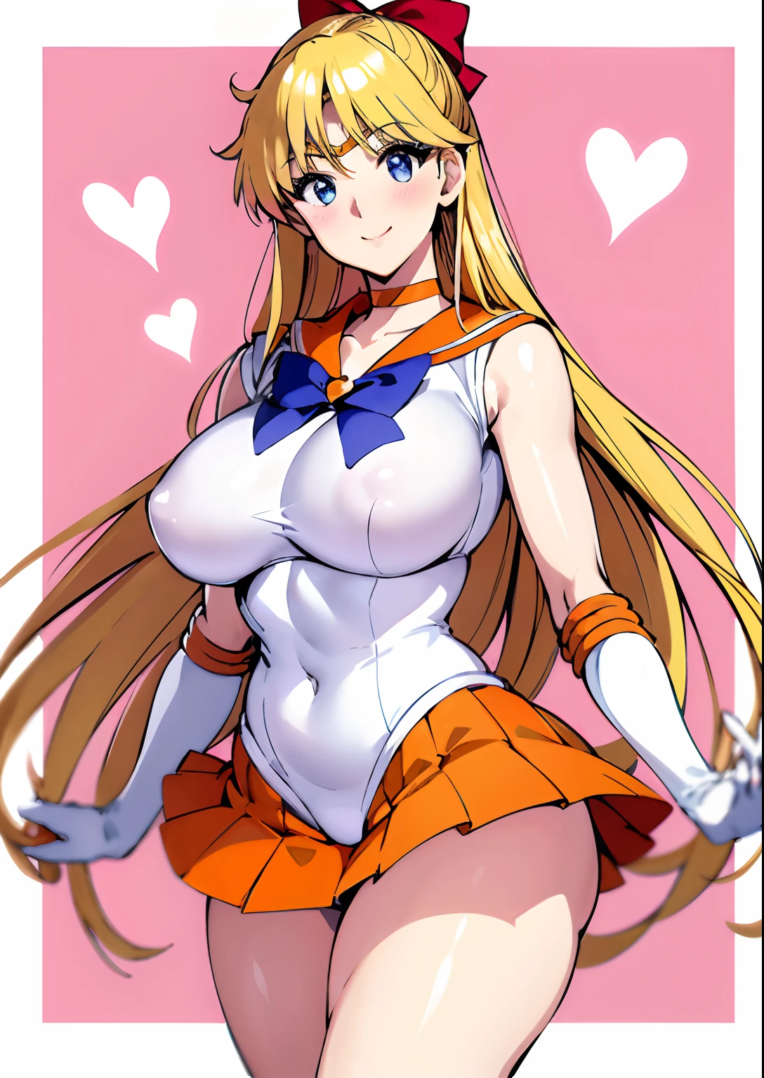 aino minako、Sailor Senshi Uniform、Anime Aunt、A MILF、a matural female、Older、age 40s、MILF、orangechoker、gold choker、elbowgloves、sailorvenus、Very long blonde woman、Orange miniskirt、Gold miniskirt、 white glove、Orange sailor collar、Gold sailor collar、solo、Woman with very large breasts, Red ribbons、White leotard、highleg、highleg leotard、robe blanche、purple bowtie、magical 、耳Nipple Ring、smile、heart_background、traditional_media、jewelry、circlet、Blue-eyed woman、looking_at_viewer、shiny、Half Up Hair、mature、rating:questionable、closed_mouth、pleatedskirt、wide-hips、cowboy_shot、impossible_clothes、bangs、shiny_skin、pink_background、Woman standing、eyebrows_visible_through_hair、very_long_hair、shiny_hair、blush、rating:safe、bare legs、Bare shoulders、