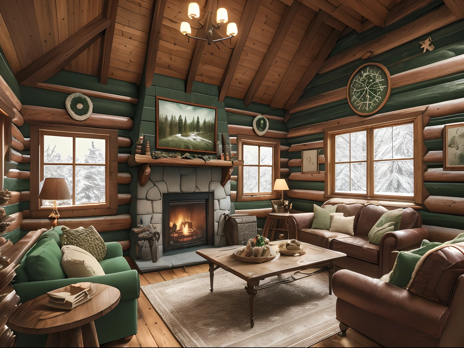 2K，Wallpapers，wooden cabin，Falling snow windows，fireplace，Twinkle，liveroom，Vintage style，Green sofa，There is bread on the table，Cupcakes，pinecone，tvp，