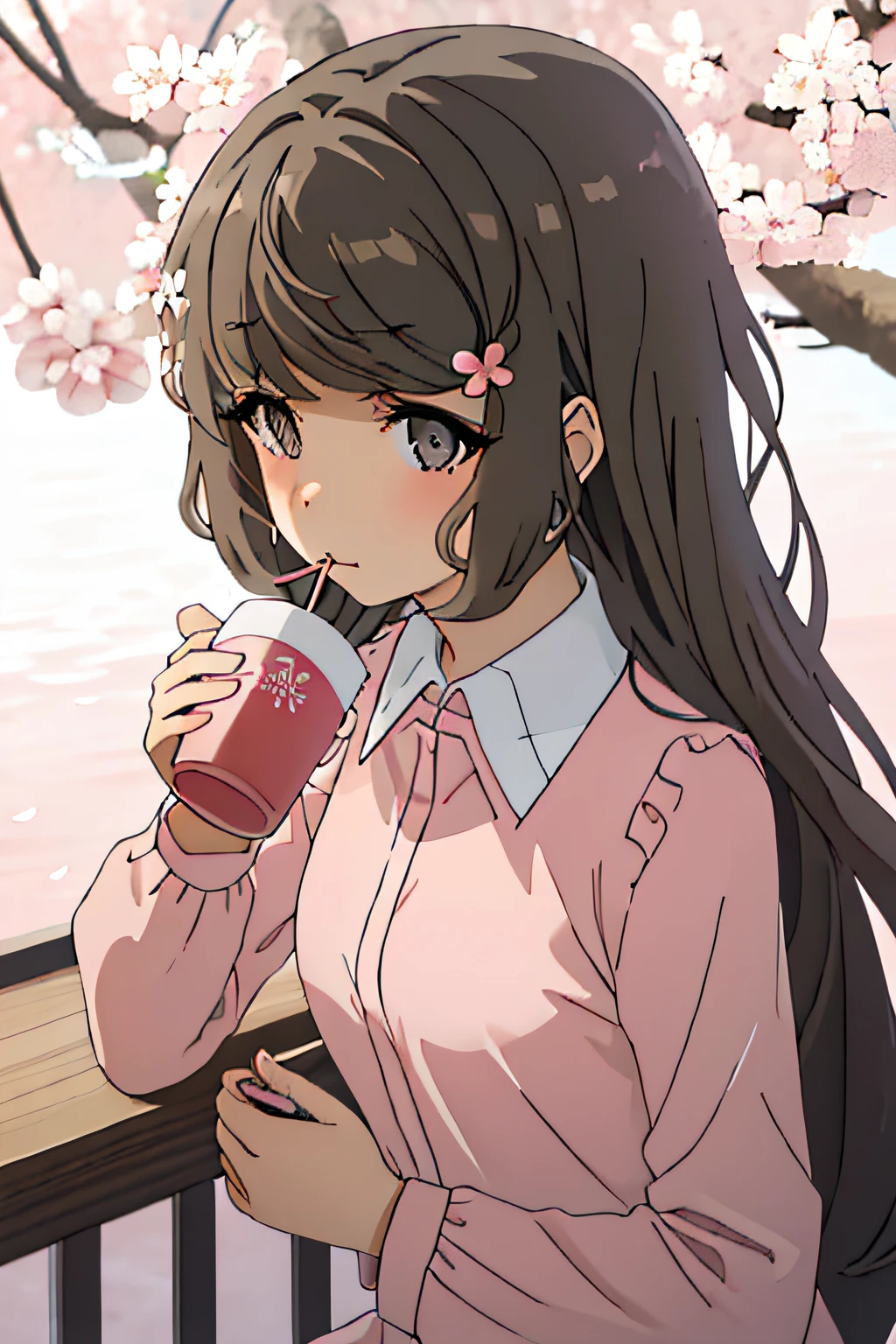 best quality, masterpiece, solo, black hair, long_hair, hair_ cherry blossom hairclip, bangs, grey_eyes, 1girl, closed_mouth, pink pajamas, sipping tea, looking at the audience