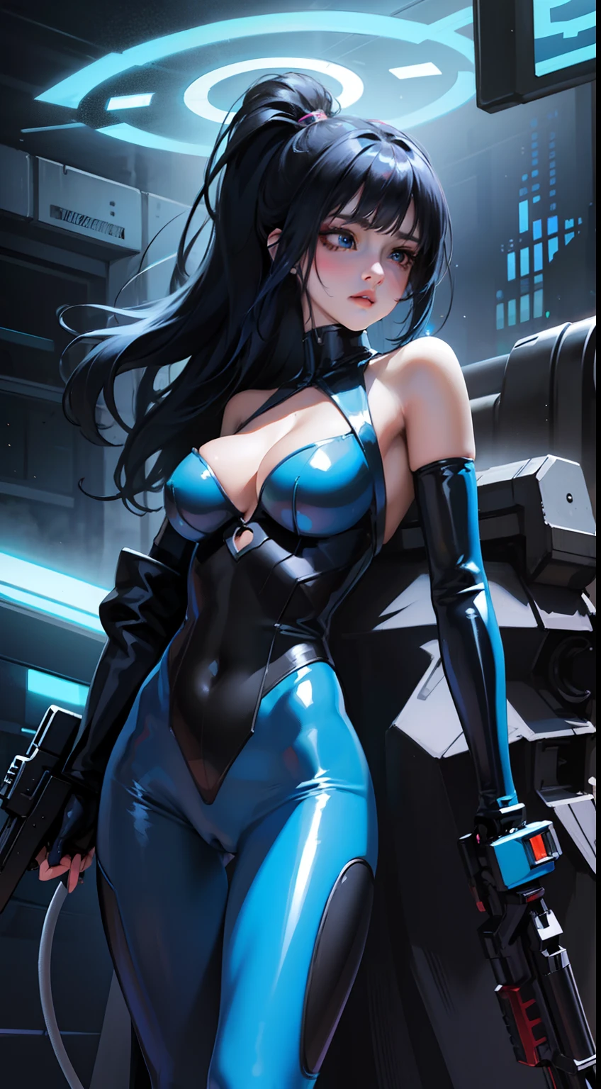 a female Nsfw cyborg,blue latex,cat woman,nekomimi,erotic posing,doujin,hentai,kawaii,stylish,pussy,busty, pubic hair,glamour,blue color tone,psychedelic costume,armored,A Cyberpunk dystopian girl,fantasic dystopia,dystopian scape,bladerunner,ghost in the shell,photorealistic,psychedelic colourful tone,posing,armed,guns,weapons,masterpiece,ultimate detailed,8k,detailed background