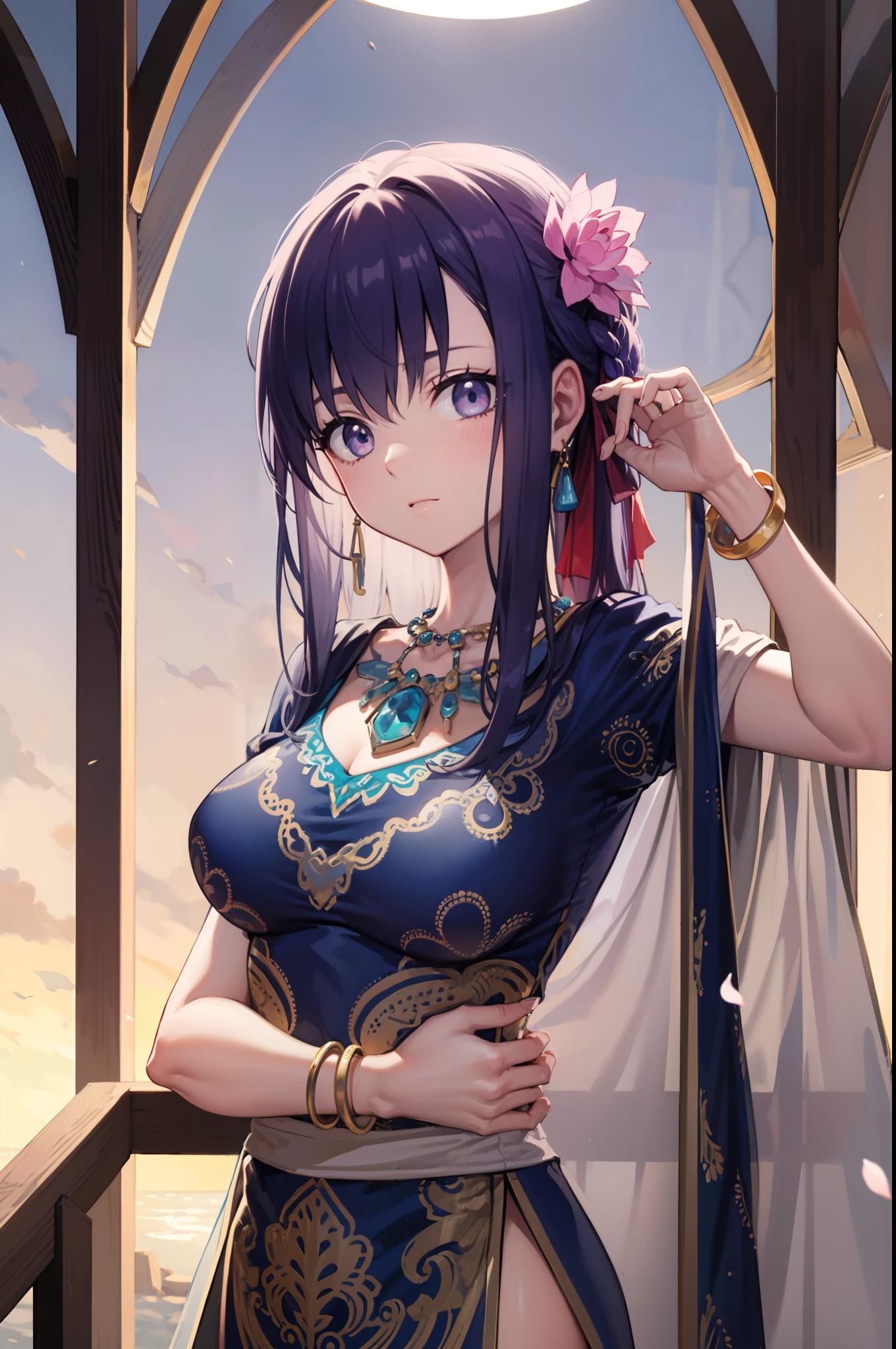parvati, parvati, long hair, (violet eyes:1.1), purple hair,
BREAK bracelet, flower, hair flower, hair ornament, indian clothes, jewelry, necklace, side slit,
BREAK looking at viewer,
BREAK outdoors,
BREAK (masterpiece:1.2), best quality, high resolution, unity 8k wallpaper, (illustration:0.8), (beautiful detailed eyes:1.6), extremely detailed face, perfect lighting, extremely detailed CG, (perfect hands, perfect anatomy),