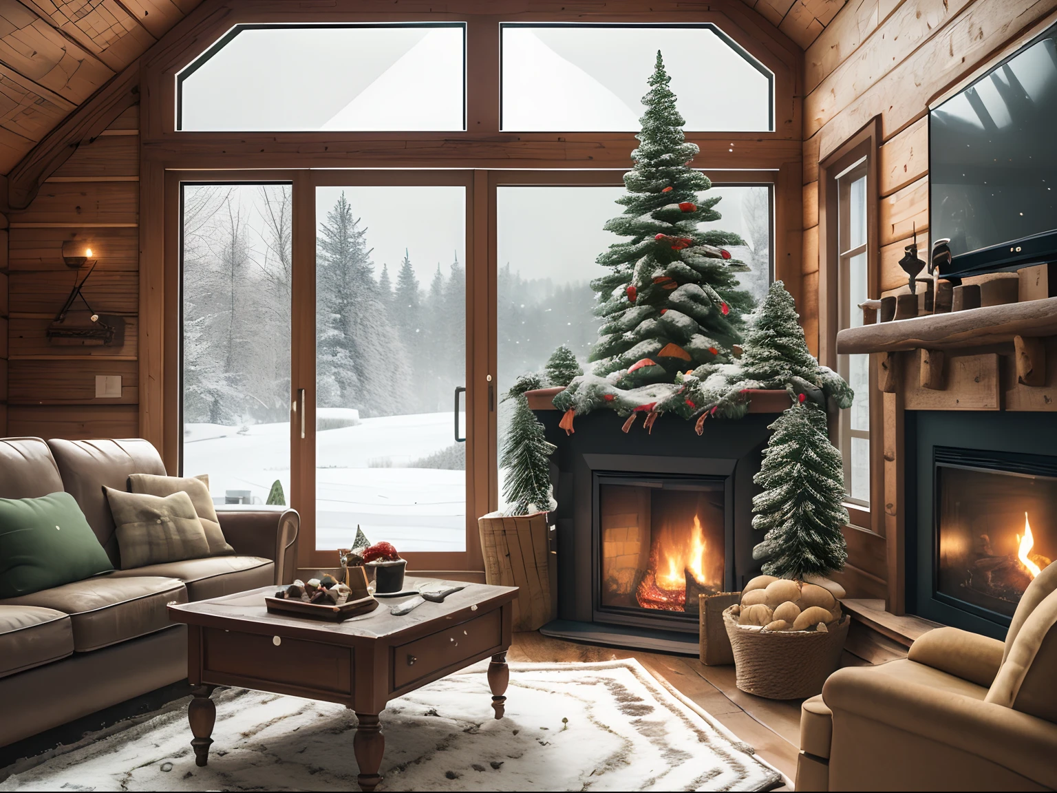 (Best quality,2k wallpaper),wooden cabin,In the falling snow window,fireplace,Living room,Vintage style,Green sofa,Bring bread,Cupcakes,Pine cones on the table,