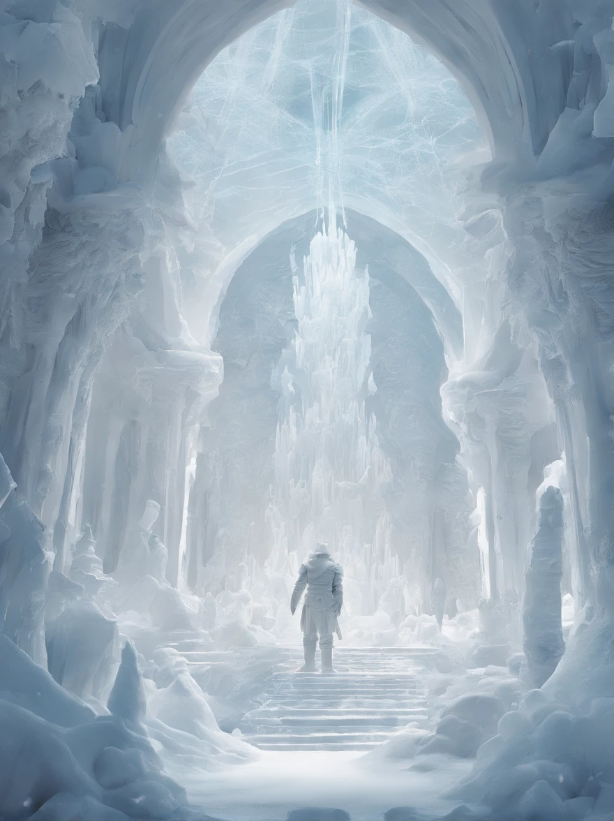 Pure white room，ice - carving，Meticulous environment，Standing full of people