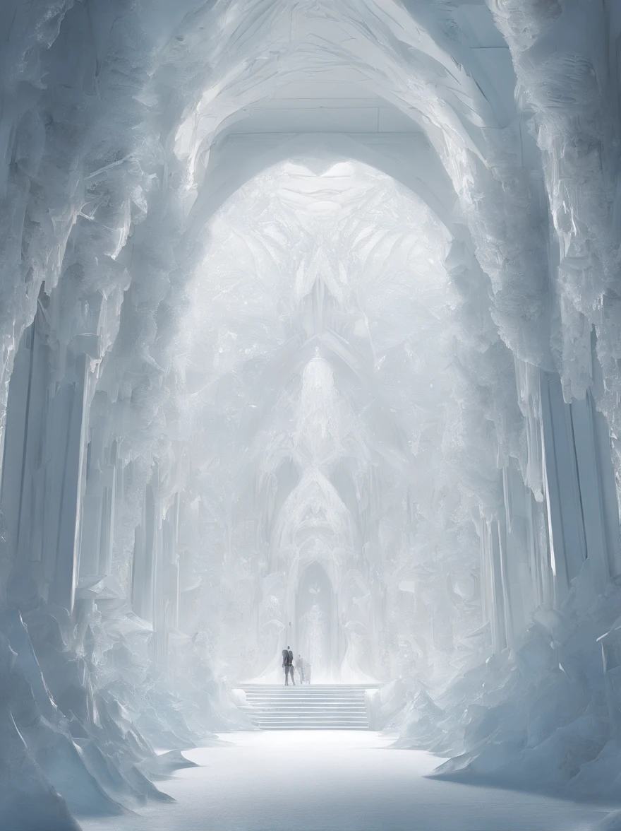 Pure white room,ice - carving,Meticulous environment,Standing full of people