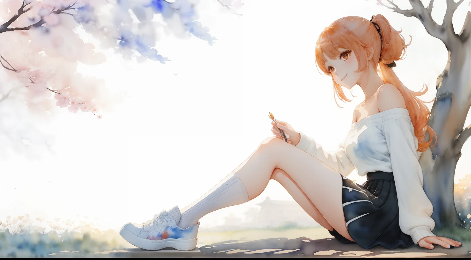 Beautiful background of ginkgo trees、(masterpiece)、(top-quality:1.1)、(ultra-detailliert:1.1)、Best Illustration、detaile、(watercolor paiting:1.4)、(handdraw:1.2)、(Watercolor brush hair)、 Sitting alone on the lawn in the park,1girl in,The face is Japan anime-style、portlate,orange color hair、look at viewr, Smiling、Ivory Off Shoulder Long Sleeve, Black mini skirt, (Oversocks), Gray color base high cut platform sneakers, Stretch your left leg、((Sitting on the far right)),