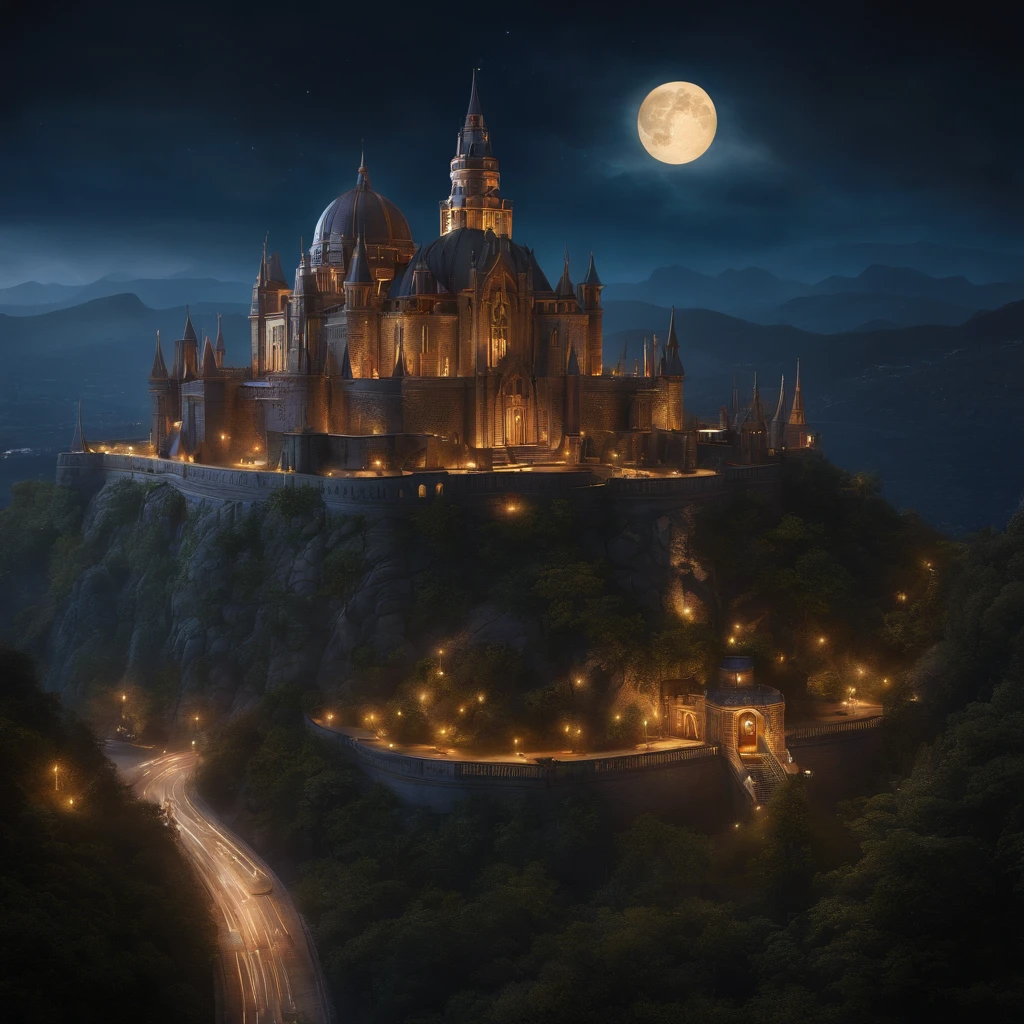 Alien Age, sinuous buildings, Translucent metal for building shapes, castle, Aerial view, nighttime scene, big moon in background, Fantasy Art, Art by Clemilton Barbosa, Intricate details, 16 K