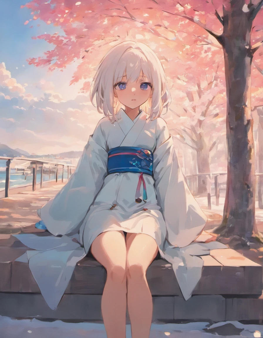 A girl sits alone on a bench by the sea，Her long waist-white hair is softly draped behind her and reflects the snow-white kimono on her body，The bright sky-blue eyes revealed a nervous expression，The fair cheeks were slightly red，The slender hand holds a pink bento box