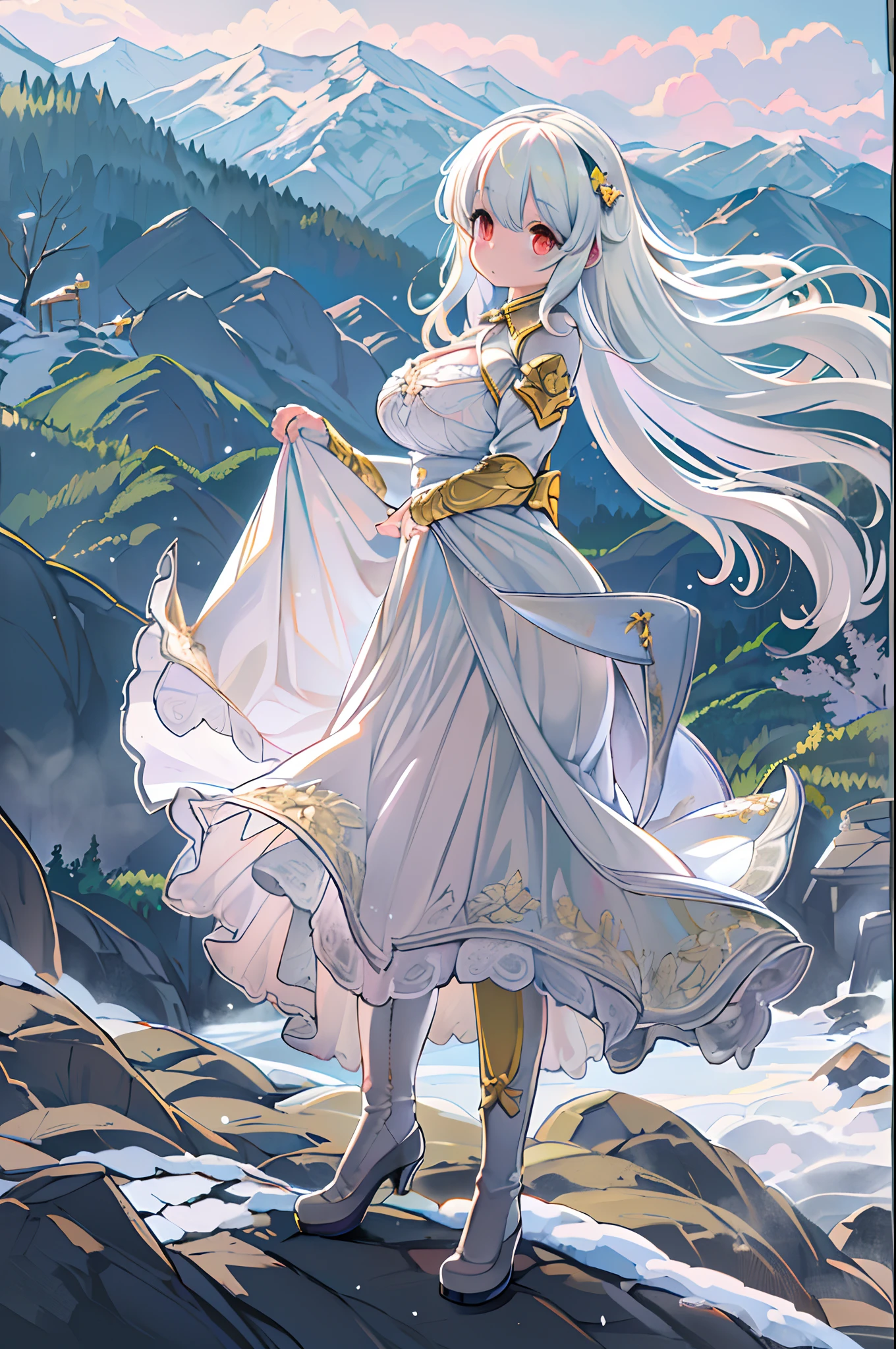 Mountain valley landscape, ((Pine at the foot of the mountain)), ((Snow on the top of the mountain)), Cinematic, 8K, Detailed, Realistic, Octane Render, (((Intricate details)), nffsw, ((Intricate details, hyperdetails)), Anime girl posing in white dress with long white hair, small curvy loli, loli in dress, Seductive anime dick girl, perfect gray hair girl, Anime Best Girl,white skirt and barechest, white hair, Girl with white hair、huge-breasted、Ultramammy