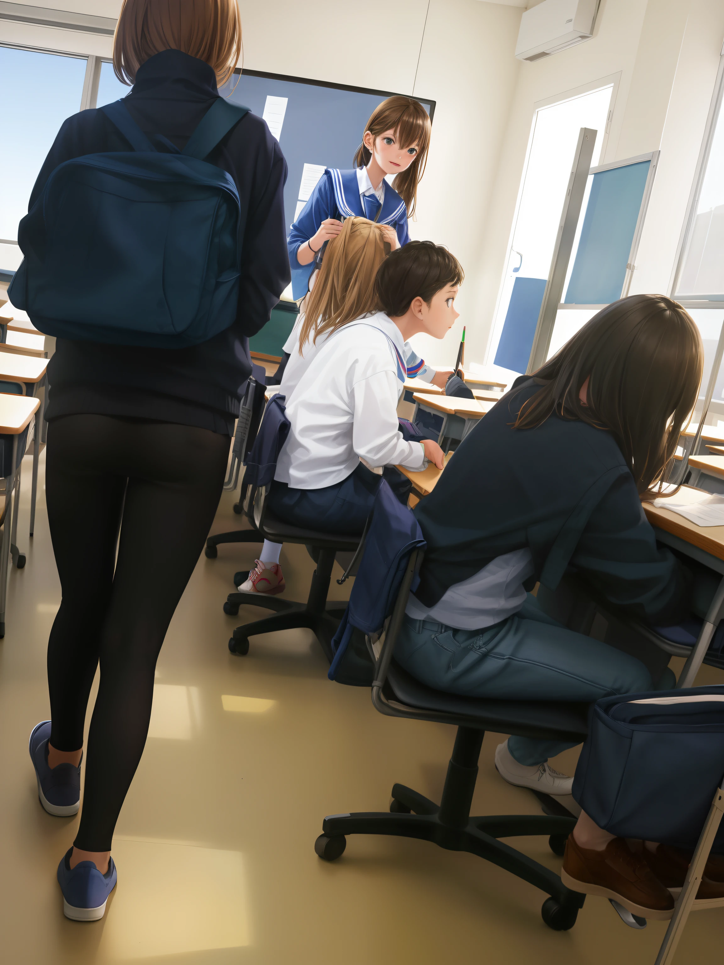 Several people sitting at desks in classroom with computers, standing in class, sitting in the classroom, in class, in the school classroom, hard lighting!, school classroom, 🎨🖌, by Emma Andijewska, Standing on the table, Sitting on a desk, 🔞🤡, viktoria gavrilenko, Perched at Desk