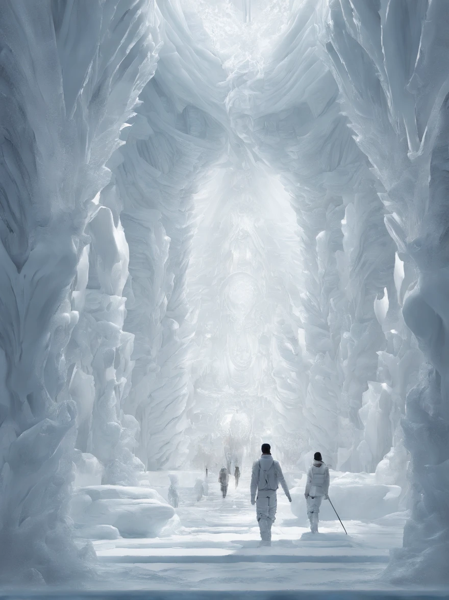 Pure white room,ice - carving,Meticulous environment,Standing full of people