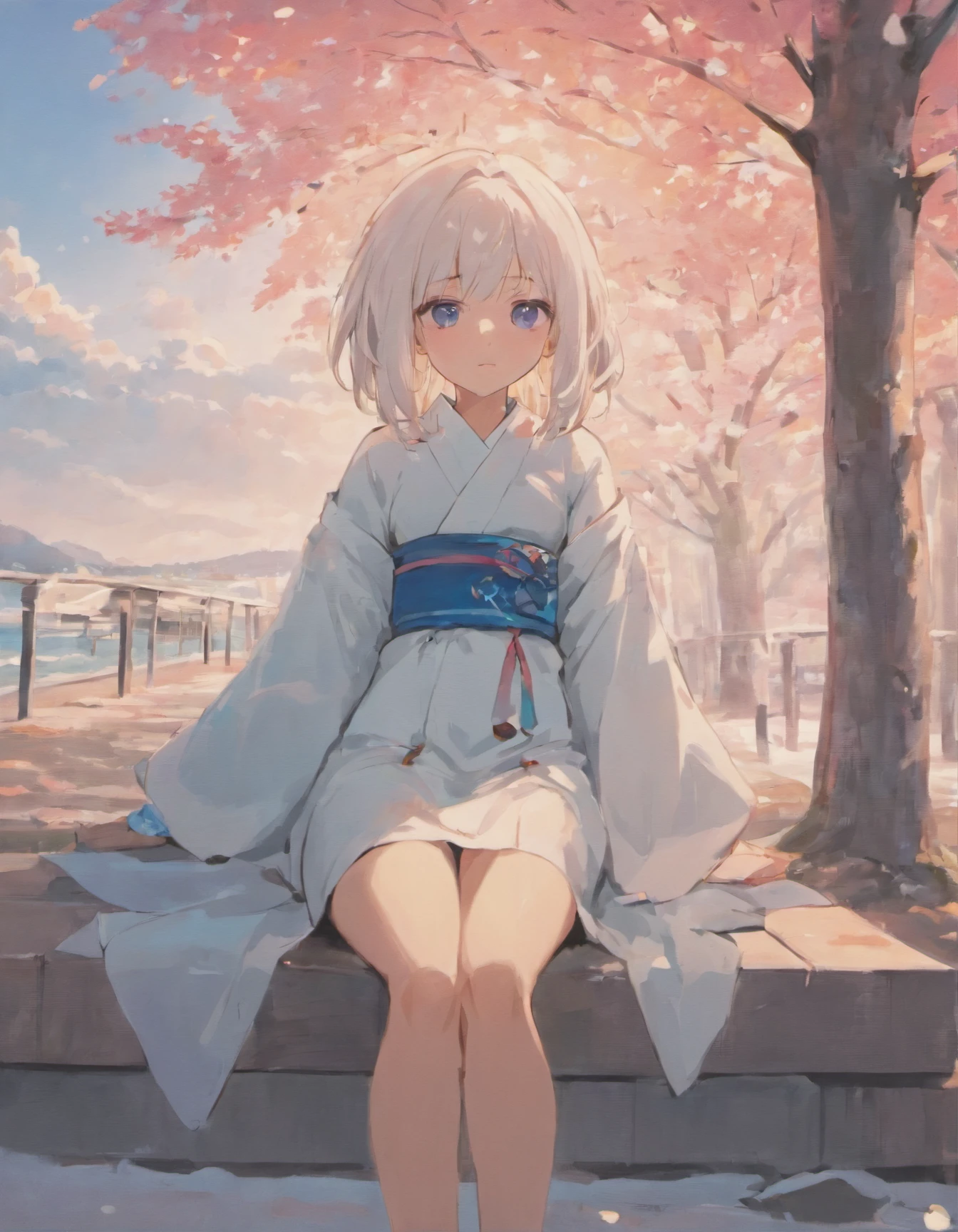 A girl sits alone on a bench by the sea，Her long waist-white hair is softly draped behind her and reflects the snow-white kimono on her body，The bright sky-blue eyes revealed a nervous expression，The fair cheeks were slightly red，The slender hand holds a pink bento box