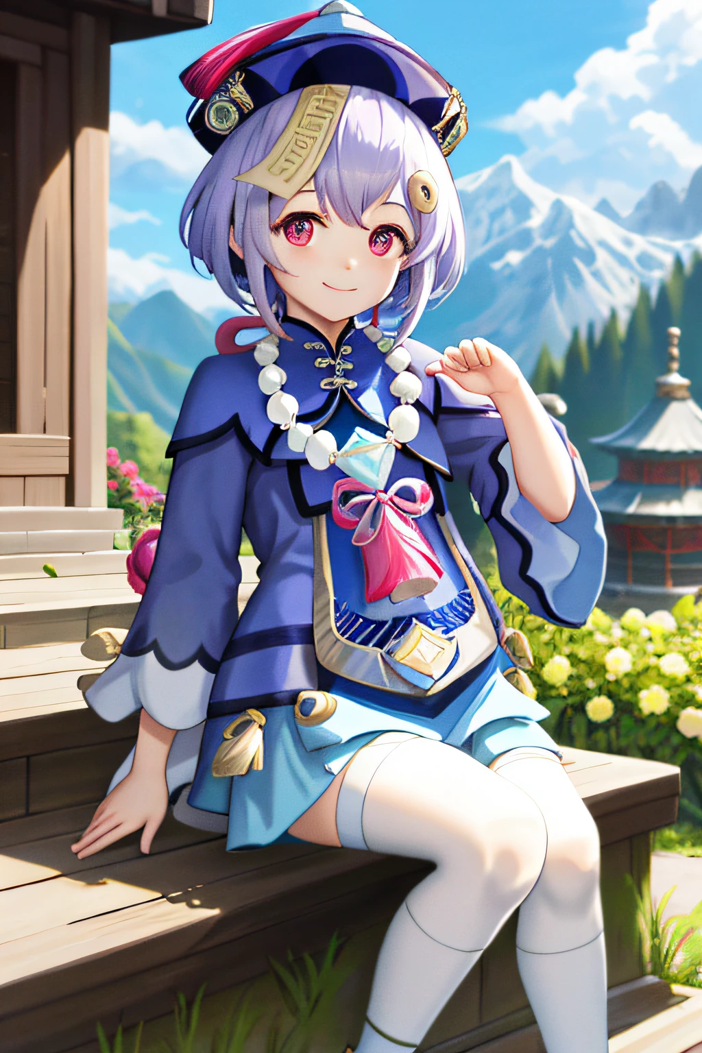 qiqidef, full body, sitting, smile, blush, outdoors, day, simple background, blue sky, short hair, sky, temple, looking at viewer, sitting on stairs, mountain, moody lighting,