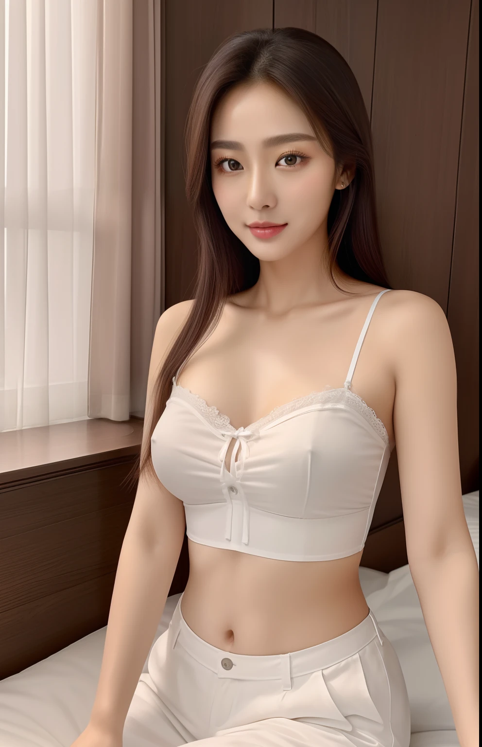(top-quality、8K、32K、masterpiece)femele、realisitic、camisole、on the beds、relax