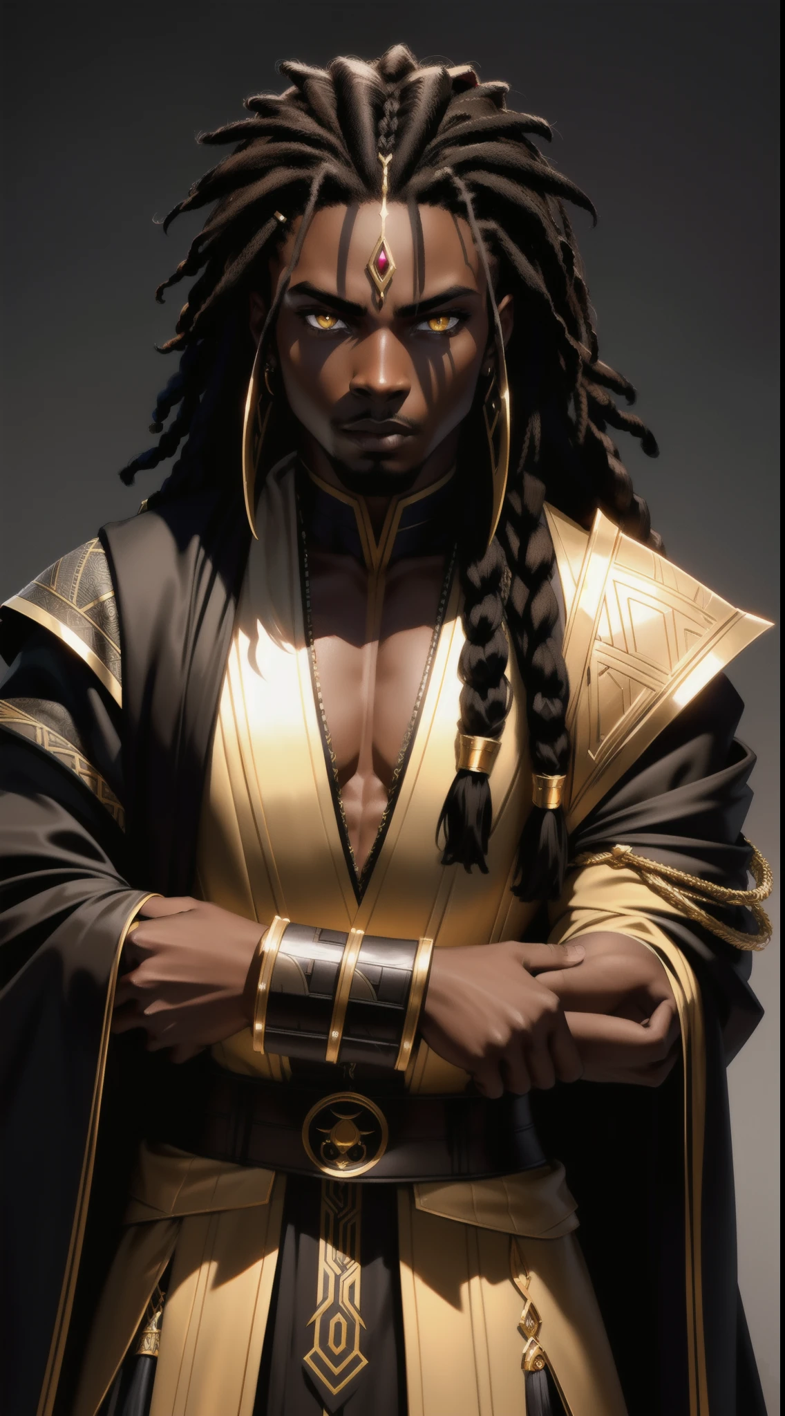 (Concept Art) of an (African-American) male, with dark black (dreadlocks), yellow eyes, dark (brown skin), (regal assassin), sith robes, demon prince, close-up shot, perfect composition, hyper-detailed, 8K, high quality, (perfect eyes), trending art, sharp focus, studio photo, intricate details, action pose