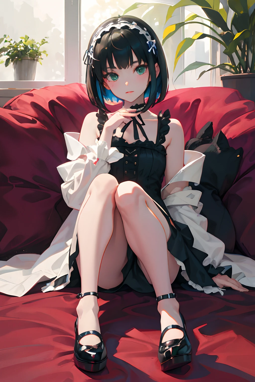 Holding your knees，sitting down on the floor，，（​masterpiece，Highest Quality），Blue-green Gothic Lolita，A dark-haired，Medium bob