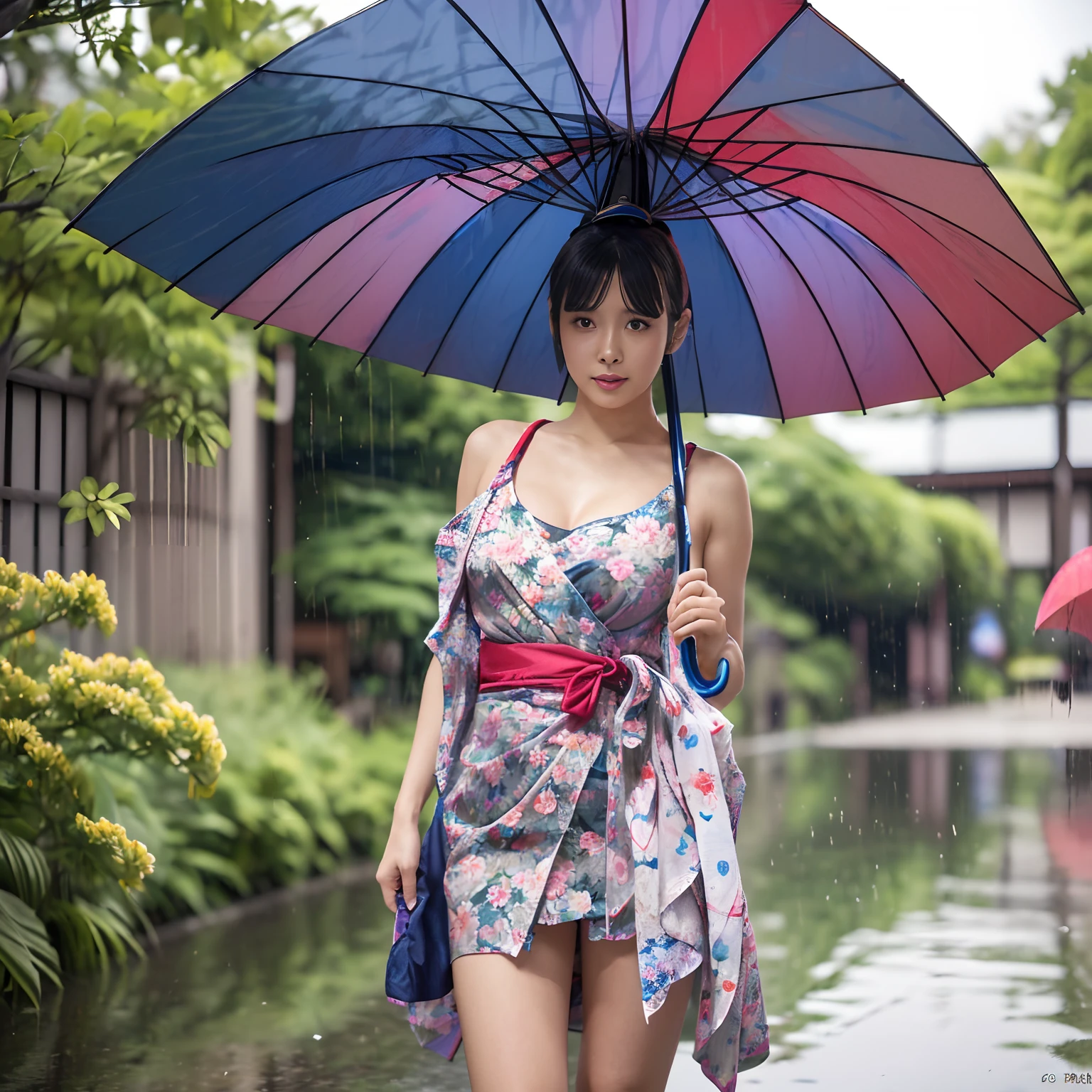 8K Masterpiece Raw photo Best Quality Japanese Yukata femele (Expose all shoulders) Night festival Show thighs a miniskirt full body Esbian Face camea Looking at the camera No shoulder straps, Kanzashi on the head Waist-deep slit Moderately large breasts (Refers to the Japan umbrella of the Japan:1.3) (((Japanese umbrella with floral pattern:1.3))) (((Holding a Japanese umbrella in your hand:1.3)))