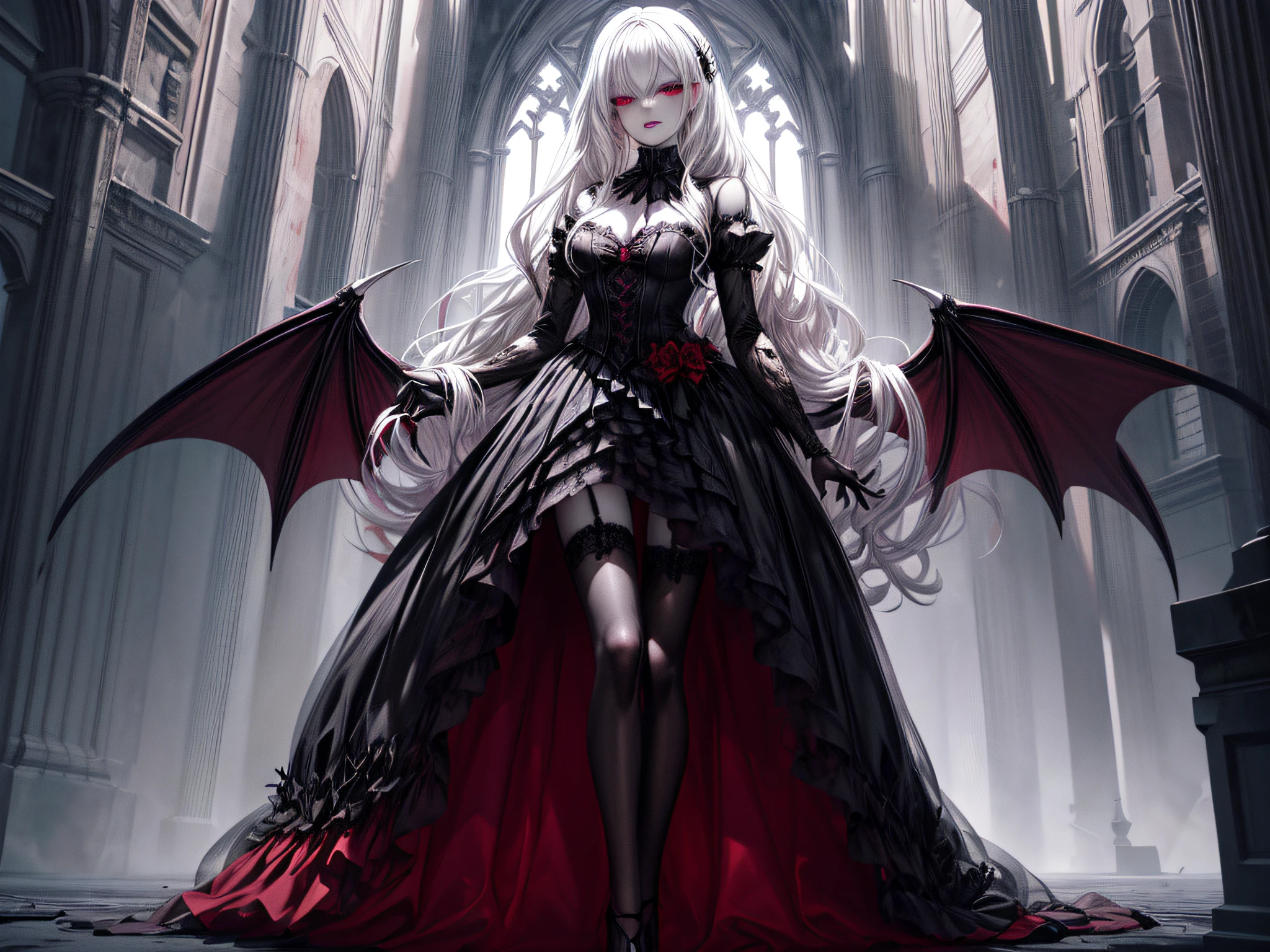 a  picture of extremely 1beautiful Barbie vampire, Barbie mistress of death, she has long hair, flowing hair, wavy hair, pale grey skin, red eyes, stains of blood on face, she wears dark pink dress, silk dress, she wears stockings, high heels, Barbie dollhouse backgrond, dynamic position, (full body: 1.2) dim candles light, dark fantasy art, gothic art, dynamic angle, best details, best quality, 16K, [ultra detailed], masterpiece, best quality, (ultra detailed), full body, ultra wide shot, photorealistic, 3D rendering, NeroV2