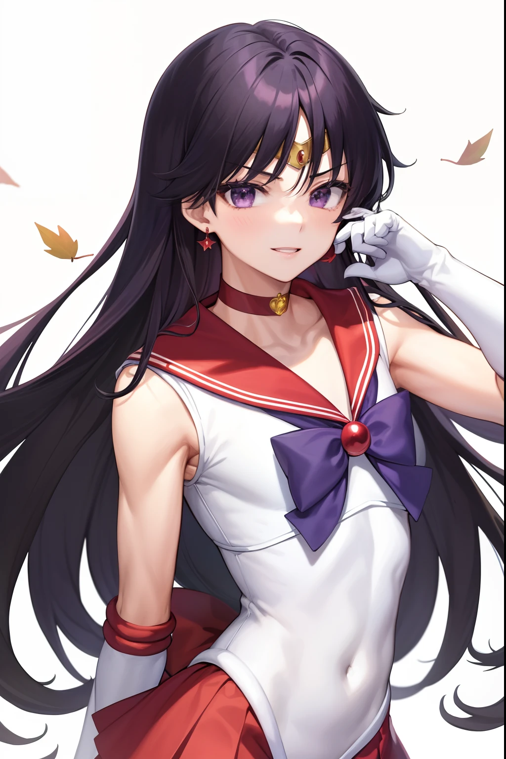 Sailor Mars、Anime Boy、Cool anime boys、gender change、gender change(Girls to boys)、Sailor Senshi Uniform、Rei Hino、solo、Red sailor collar、Blue bow tie、autumn_leaves、Boy with very long black hair、rating:safe、Flames around him、Magical Boy、a red choker、White leotard、robe blanche, maple_leaf, traditional_media、autumn、leaf、marker_(medium)、neck、upper_body、elbowgloves、makeup、jewelry、circlet、looking_at_viewer、white glove、eyeslashes、lips、smile、Red mini skirt、collarbone、Bare shoulders、bangs、耳Nipple Ring、Boy with Purple Eyes、Boy with Black Eyes、multicolored_background、covered_navel、