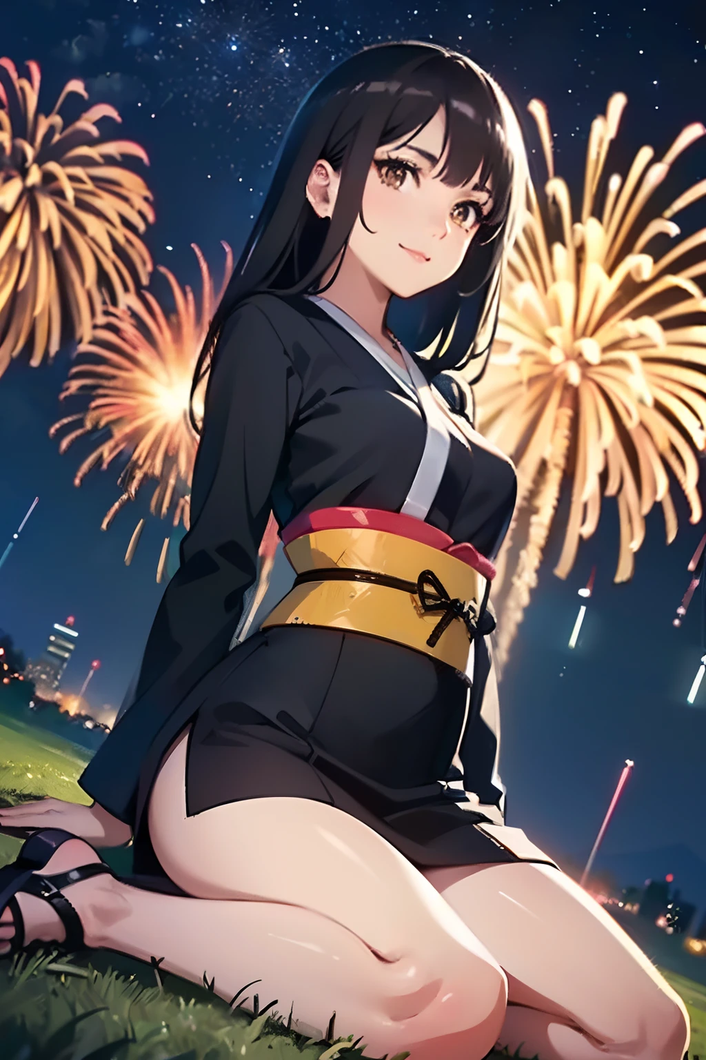 (masterpiece, best quality, photo realistic, official art :1.4), (shiny skin), (UHD, 8K wallpaper, High resolution), Cinematic lighting, physically-based rendering, award-winning, (extremely detailed skin, extra detailed face, eyes with beautiful details), Carl Zeiss 85 mm F/1.4, BREAK, (1 girl), very cute 16-year-old schoolgirl, (wariza, arms between legs:1.3), (glossy black hair, long straight hair, brown eyes, medium breasts:1.3), wearing long sleeved yukata with colorful flower embroidery, bare legs, sandals, (little smiling, looking up a sky, BREAK, in the park, on the turf, midnight, milky way, glittering stars, fireworks, (face focus, view from below, dutch angle:1.3),