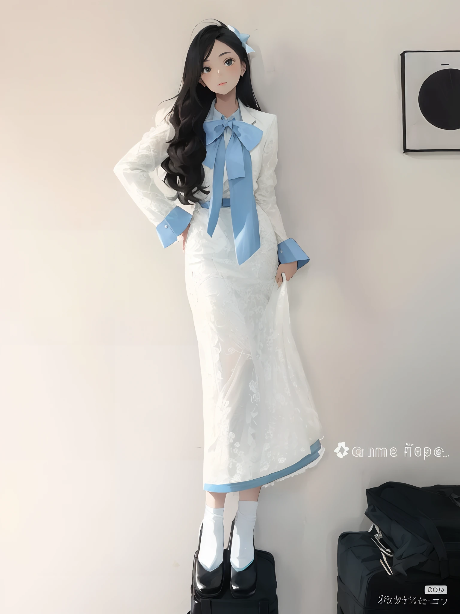 araffe woman in a white dress and blue bow tie standing on a suitcase, pale blue outfit, wearing an elegant outfit, femme, white and pale blue toned, white and blue, white and pale blue, white and teal garment, pale blue, tiffany style, light blue and white tones, white trendy clothes, formal attire, business attire