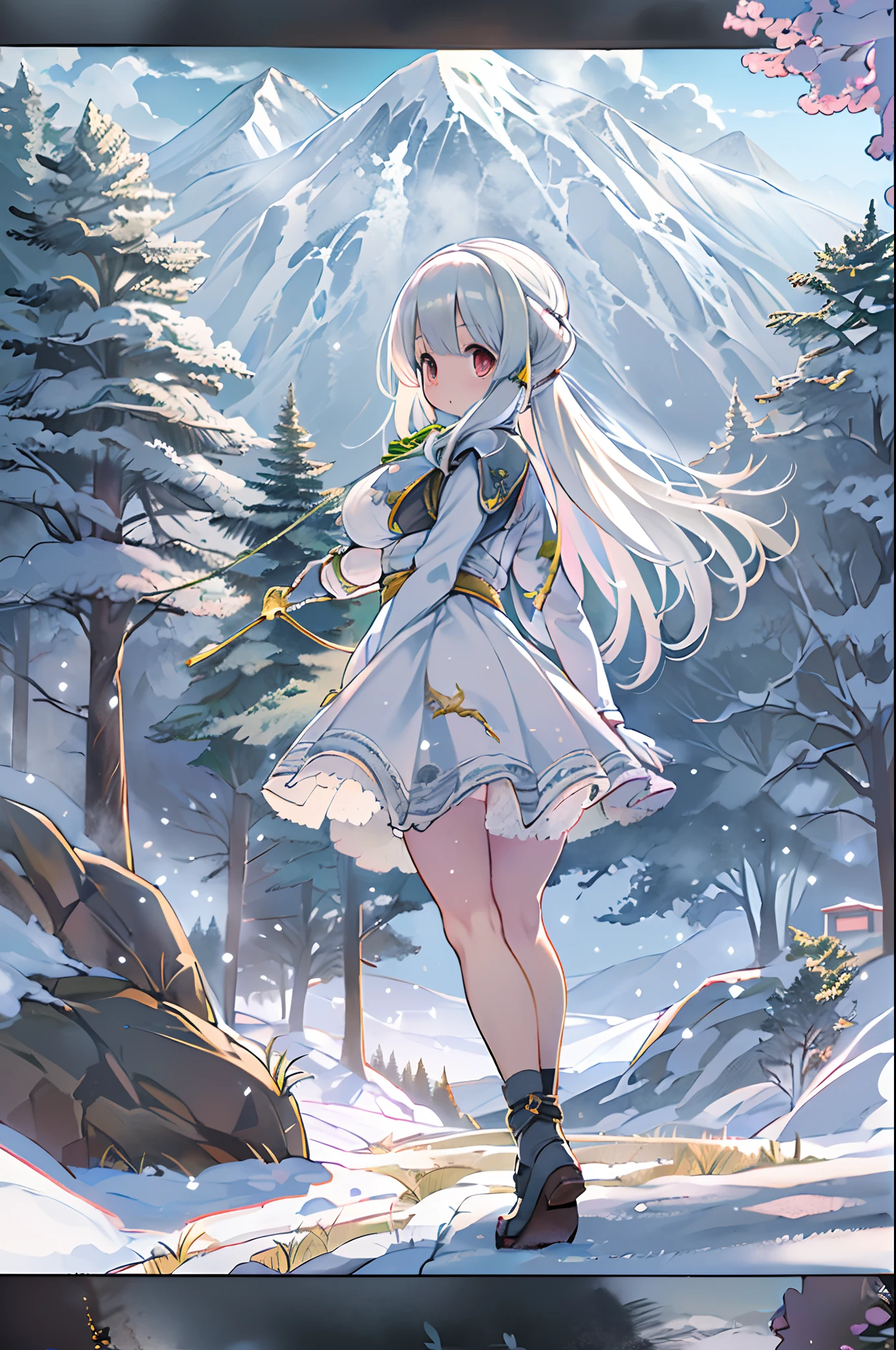 Mountain valley landscape, ((Pine trees at the foot of the mountain)), ((Snow on the top of the mountain)), Cinematic, 8K, Detailed, Realistic, Octane Render, (((Intricate details)), nffsw, ((Intricate details, hyperdetails)), Anime girl posing in a white dress with long white hair, small curvy loli, loli in dress, Seductive anime dick girl, perfect gray hair girl, Anime Best Girl,white skirt and barechest, white hair, Girl with white hair、huge-breasted、Ultramammy