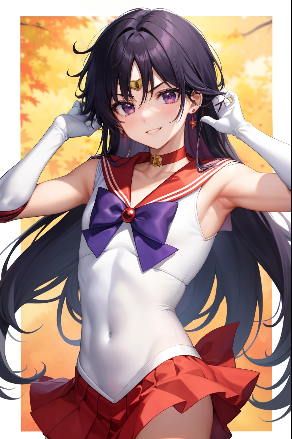 Sailor Mars、Anime Boy、Cool anime boys、gender change、gender change(Girls to boys)、Sailor Senshi Uniform、Rei Hino、solo、Red sailor collar、Blue bow tie、autumn_leaves、Boy with very long black hair、rating:safe、Flames around him、Magical Boy、a red choker、White leotard、robe blanche, maple_leaf, traditional_media、autumn、leaf、marker_(medium)、neck、upper_body、elbowgloves、makeup、jewelry、circlet、looking_at_viewer、white glove、eyeslashes、lips、smile、Red mini skirt、collarbone、Bare shoulders、bangs、耳Nipple Ring、Boy with Purple Eyes、Boy with Black Eyes、multicolored_background、covered_navel、