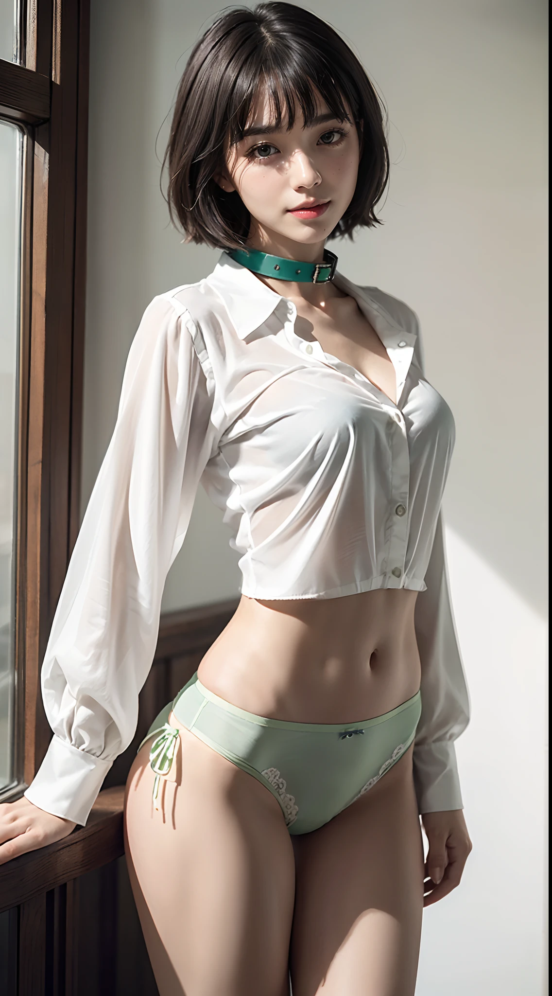 (((facing back))), (((Super close-up of buttocks))), ((White long blouse with collar:1.5)), ((The lower part of the body is bare:1.5)), ((Green panties made of cotton:1.5)), bedroom, Smiling smile, 1girl in, 独奏, 18year old, 7headed body, Ideal ratio body proportions, (Composition from head to thigh), erectile nipple, Wet, short-hair, A dark-haired, With bangs, small tits, A slender, Small buttocks, beauty legs, Skinny Legs, surrealism, Cinematic lighting, depth of fields, One-person viewpoint, F/1.8, 135 mm, nffsw, masutepiece, ccurate, ((Anatomically correct)), Textured skin, Super Detail, high details, High quality, awardwinning, Best Quality, hight resolution, 8K