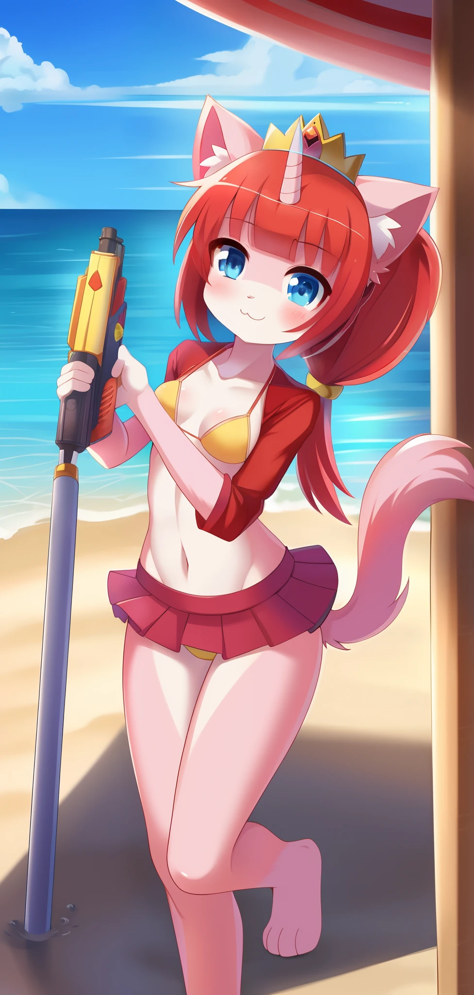 furry girl, young, cat, red hair, Knight bangs hairstyle, long ponytail, anime style, medium breasts, blue eyes, red jacket, open clothes, yellow bikini, purple skirt, princess crown, beach, clear Sky, high quality, detailed body, detailed eyes, detailed face, masterpiece, glistening body, detailed body fur, best quality, two tone body, pink fur, clear pink fur, paws whit three toes, skinny, sassy face, :3, unicorn horn, full body, cute stance, water gun,