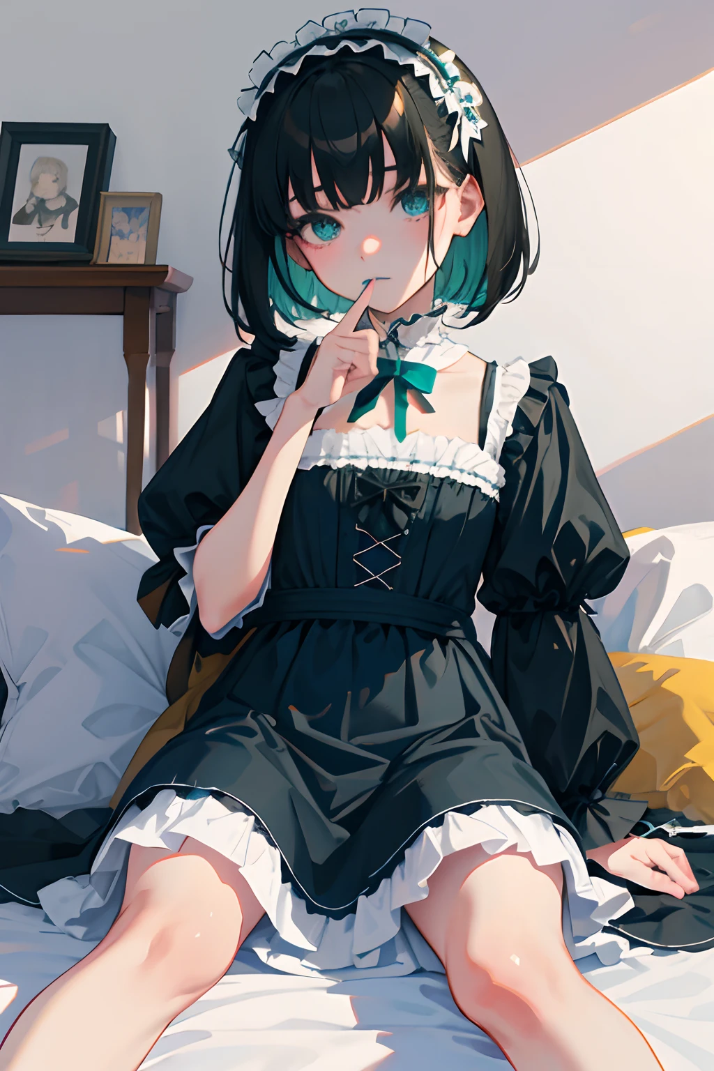 hand between legs,child,(masterpiece,Highest Quality),shortsleeves,Blue-green Gothic Lolita,Sleepy face,A dark-haired,Medium bob,utility knife,Small scissors,Artistically