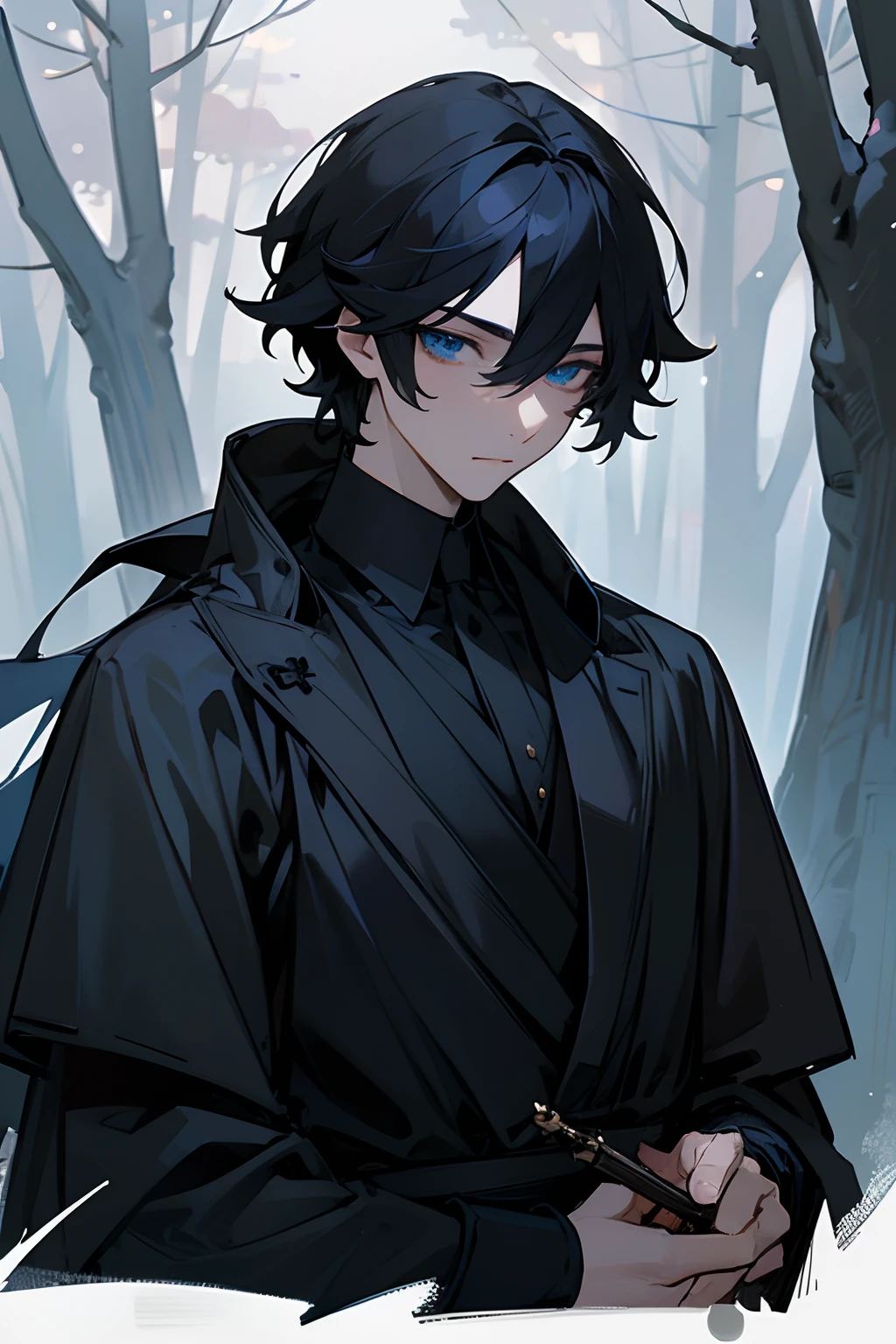 masterpiece, high quality, ultra detailed, detailed eyes, anime man, he is a prince, it is evening, it is nighttime, background is a FOREST, black crown, black hair, blue eyes, gothic clothes, black clothes