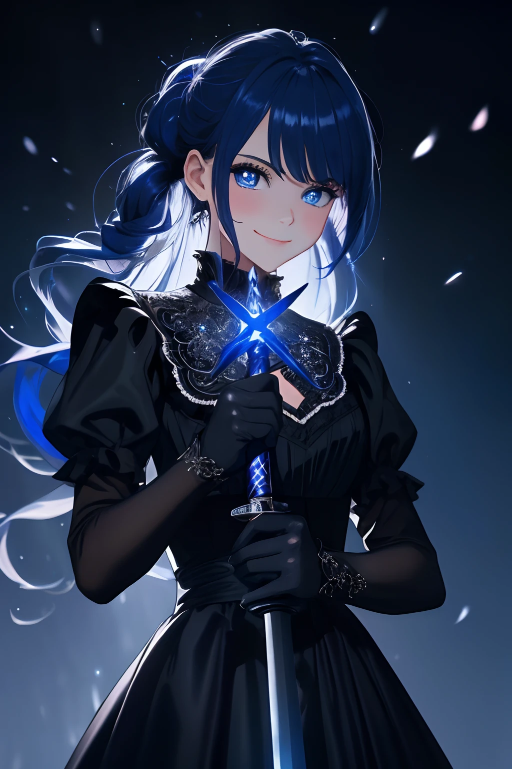 {{{finely detailed wallpaper best quality illustration}}} {{{Cool beautiful cute girl}}} {{{Face Focus}}} {Wearing a formal suit} {Face of the game} Glittering blue eyes {{{Dynamic poses with swords}}} Smile Flame {{{ Gilji Blue Hair Twin Tail Hair }}} {{particle lighting}} {Detailed Black Victorian Dress Gloves } {{Dynamic AngleIntense Shadows}} Motion blur staring at the viewer, {{{{{Hand holding shining mechanical sword, Holding a shining mechanical sword in his hand}}}}}