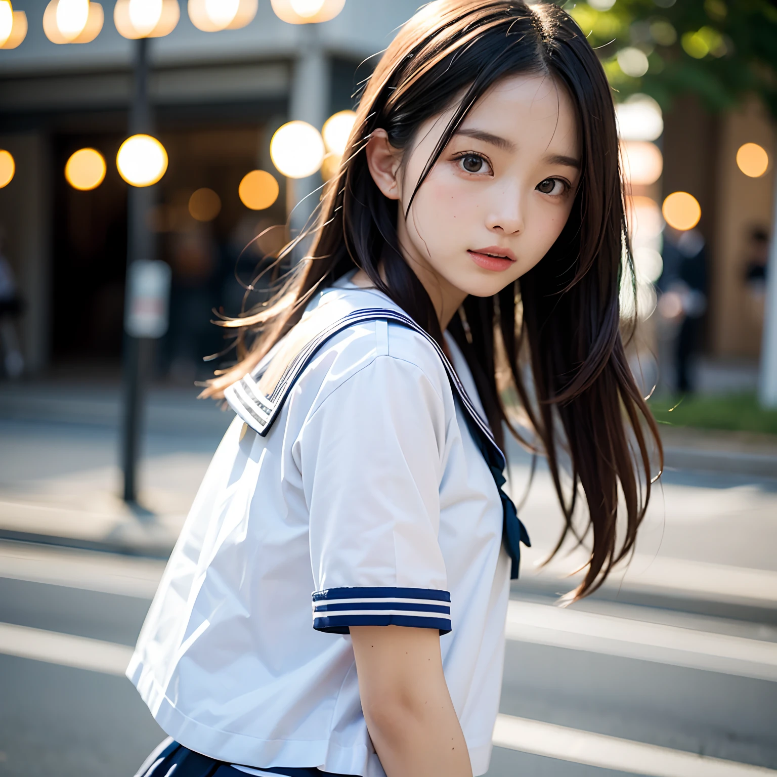 (masutepiece, Best Quality:1.2), 8K, Official art, Raw photo, Full Bord Bill Four、cute butt、Back angle、On the way to take off the uniform、turned around、skinny、14years、small tits、unbelievable Ridiculous, (Upper body, 校服、a sailor suit:1.4), Beautiful Girl, a blond、Pretty Face, arching back down,、Gold hair ornament on hair、close up, Sailor Suit, Short sleeve, violaceaess, Teen, Street, Looking at Viewer, Film grain, chromatic abberation, Sharp Focus, face lights, Dynamic lighting, Cinematic lighting, Eyes and faces with detailed, Bokeh background,