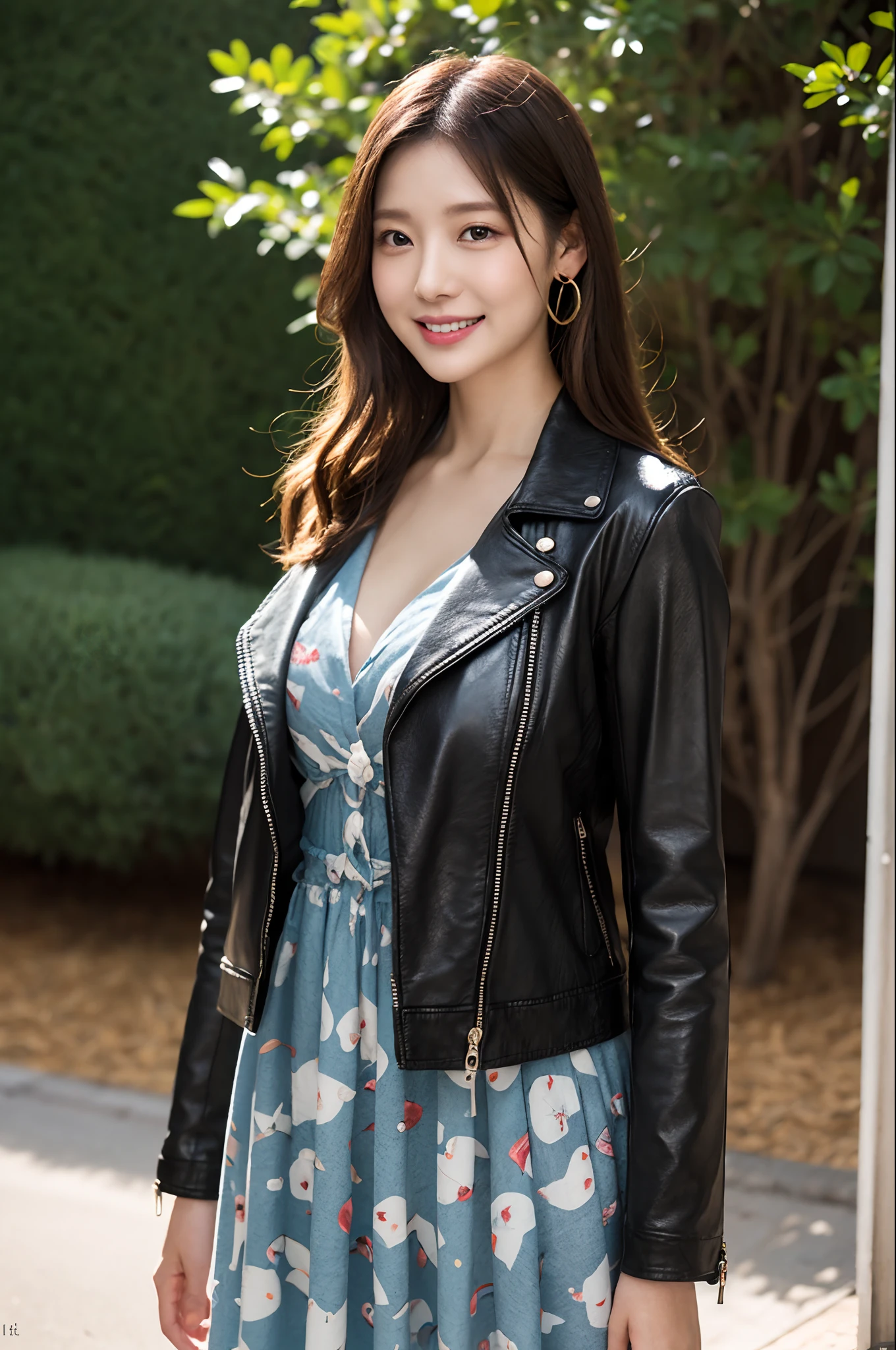 Winter scene、Snow Run、((Maxi dress with print pattern、leather jackets))、depth of fields,Real Light,Ray traching,OC Renderer,UE5 Renderer,Hyper-realistic,best qualtiy,8K,Works of masters,super-fine,Correct anatomy、Asian woman posing, (8K、RAW Photos、top-quality、masterpiece:1.2)、(realisitic、Photorealsitic:1.37)、25-years old、1人、light brown hair々Hairstyle、详细的脸、Detailed lips、detailedeyes、(huge-breasted:1.3)、Alafed Women、full-body view、ssmile、