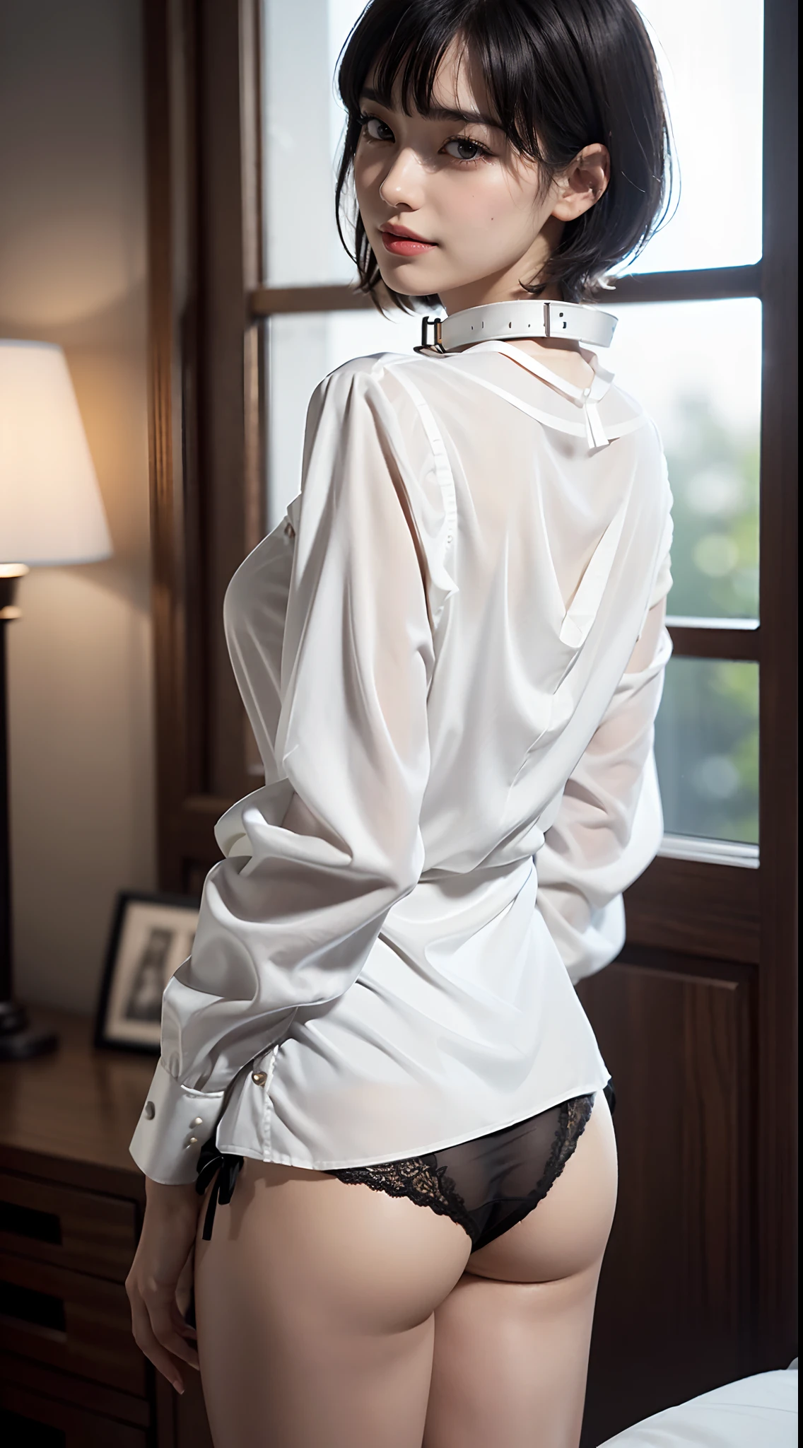 (((facing back))), (((Super close-up of buttocks))), ((White long blouse with collar:1.5)), ((The lower part of the body is bare:1.5)), ((Black panties made of cotton:1.5)), Bedroom, Smiling smile, 1girl in, 独奏, 18year old, 7headed body, Ideal ratio body proportions, (Composition from head to thigh), erectile nipple, Wet, short-hair, A dark-haired, With bangs, small tits, A slender, Small buttocks, beauty legs, Skinny Legs, surrealism, Cinematic lighting, depth of fields, One-person viewpoint, F/1.8, 135 mm, nffsw, masutepiece, ccurate, ((Anatomically correct)), Textured skin, Super Detail, high details, High quality, awardwinning, Best Quality, hight resolution, 8K