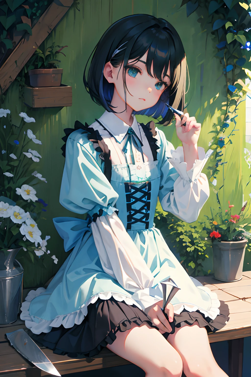 hand between legs,,(masterpiece,Highest Quality),shortsleeves,Blue-green Gothic Lolita,Sleepy face,A dark-haired,Medium bob,utility knife,Small scissors,Artistically