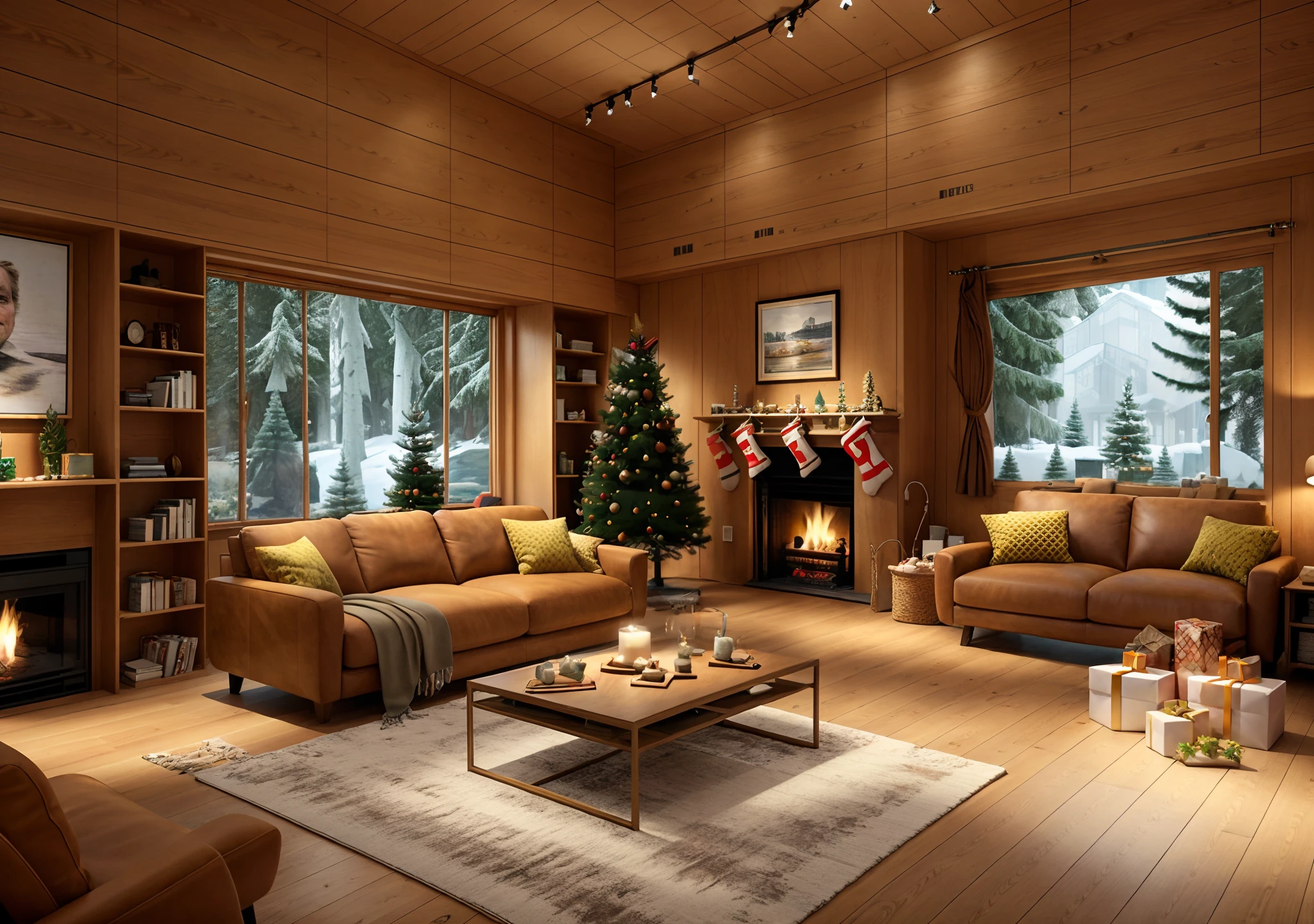 (((Masterpiece))), Highest quality, Ultra photo realsisim, modern living room, Natural light floods through the windows, cupboard (1.2)Christmas Eve castle living room, Warm feeling, Homely feeling, Large windows, Light brown leather sofa, Candles on the table, wide angles, Realistic, Surreal, Bright mode, 4K 分辨率 , in a panoramic view, Fujifilm color mode, Bright light, Bright ceiling lights, Large windows with warm light, Gifts on the table, Burning fireplace, Christmas tree with flash, ceiling light, Cat lying by the fireplace