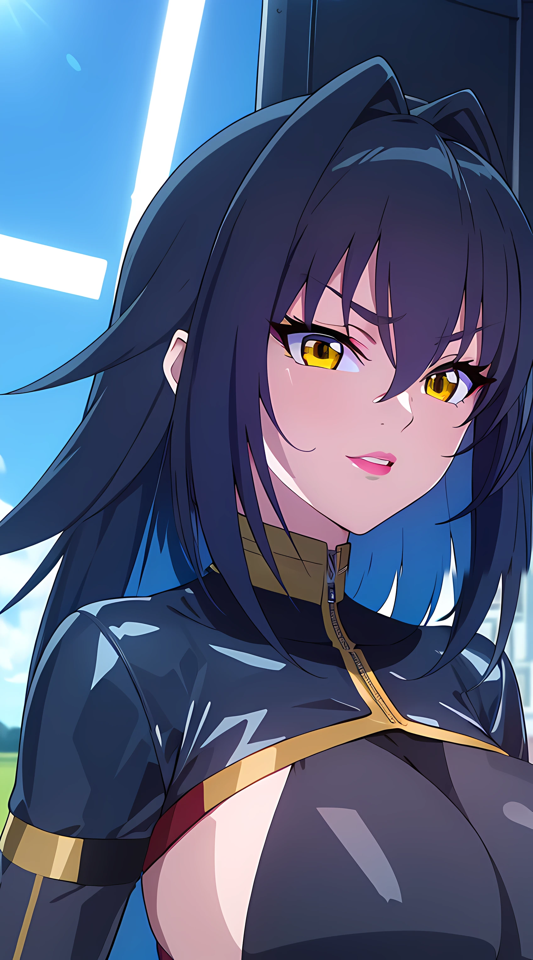 professional artwork, Intricate Details, field of view, sharp focus, detailed painting, photorealistic lighting, trending on pixiv, (masterpiece:1.0),(best_quality:1.0), ultra high res,4K,ultra-detailed, photography, 8K, HDR, highres, absurdres:1.2, Kodak portra 400, film grain, blurry background, bokeh:1.2, lens flare, (vibrant_color:1.2),
(Annerose:1), 1girl, female mature, black hair, long hair, yellow eyes, large breasts, bodysuit, shiny clothes, skin tight, hair intakes, covered breasts, pose invited,
simple plain white background, (solo:1.5),