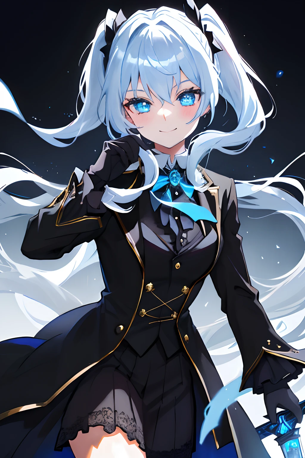 {{{finely detailed wallpaper best quality illustration}}} {{{Cool beautiful cute girl}}} {{{Face Focus}}} {Wearing a formal suit} {Face of the game} Glittering blue eyes {{{Dynamic poses with swords}}} Smile Flame {{{ Silver Hair Twin Tail Hair }}} {{particle lighting}} {Detailed Black Victorian Dress Gloves } Motion blur staring at the viewer, {{{{{Hand holding shining mechanical sword, Holding a shining mechanical sword in his hand}}}}}、a closeup:1.4