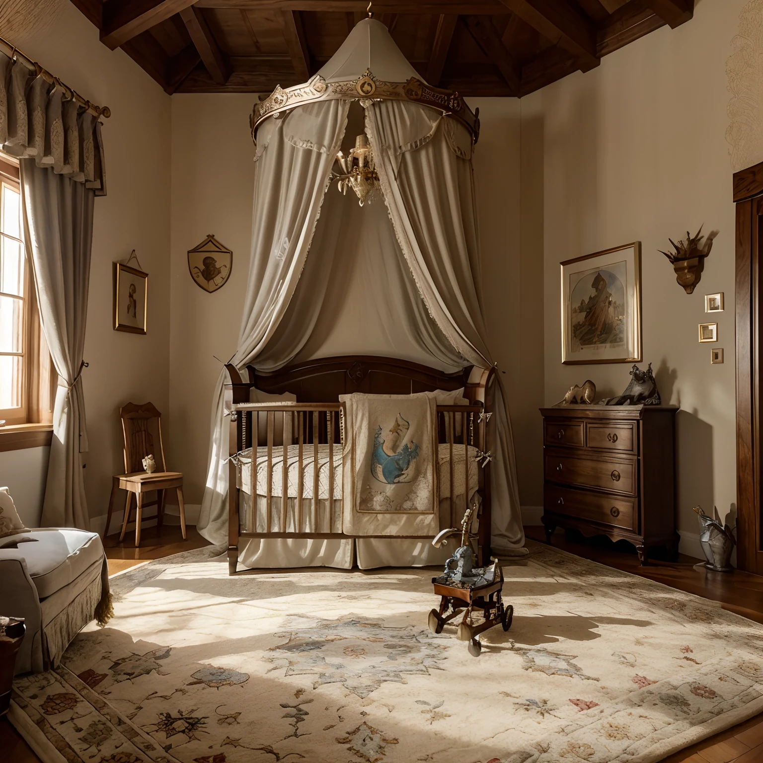 (best quality,highres,masterpiece:1.2),ultra-detailed,(realistic:1.37)
A baby boy's nursery that resembles a medieval castle, with a crib and toys in a harmonious arrangement. The nursery walls are painted in soft pastel shades, creating a warm and cozy atmosphere. The crib is made of solid wood, with intricate carvings of knights, castles, and dragons. Overhead, a beautifully crafted chandelier illuminates the room, casting a gentle glow.

In one corner of the room, there is a plush rocking horse, adorned with golden accents and plush cushions for comfort. On the shelves, there are wooden toy swords and shields, as well as plush dragon toys, adding a touch of adventure. A mobile hangs above the crib, featuring miniature knights and castles spinning gently.

The nursery is adorned with medieval-themed artwork, depicting brave knights, majestic castles, and whimsical dragons. The paintings are created with precise brush strokes, capturing every intricate detail. The colors are vibrant and vivid, enhancing the overall visual experience. 

To complete the scene, the room is filled with soft natural light, streaming through sheer curtains adorned with playful patterns of knights and dragons. The wooden floor is covered with a plush medieval-themed rug, depicting a castle against a starry night sky. The room exudes a sense of tranquility and enchantment, making it the perfect space for a little prince to dream and play.

[medieval castle],[baby boy nursery],soft pastel shades,castle-themed crib,plush rocking horse,wooden toy swords and shields,plush dragon toys,[medieval-themed artwork],vibrant colors,precise brush strokes,playful curtains,knights and dragons patterns,star-filled night sky rug,sense of tranquility]