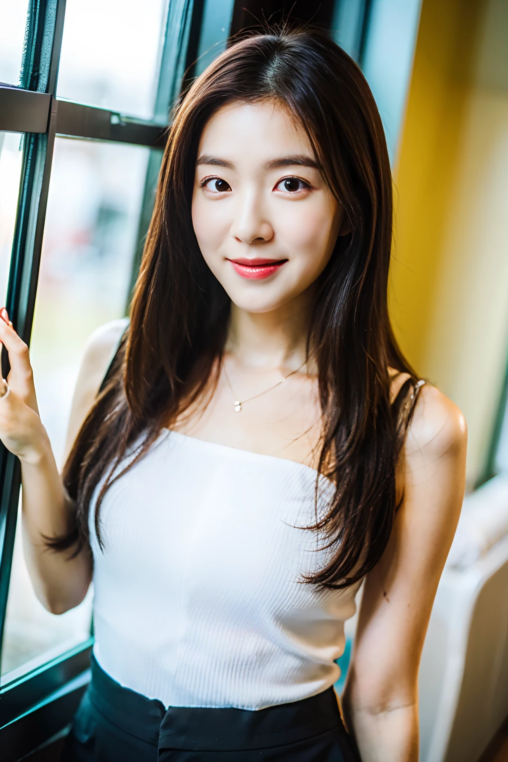 (8K、Raw photography、top-quality、masterpiece:1.2)、high-definition RAW color photography、professional photograpy、(realisitic、photos realistic:1.37)、ciinematic light、1girl in、masutepiece, Best Quality, Illustration, Ultra-detailed, finely detail, hight resolution, 8K Wallpaper, Perfect dynamic composition, Beautiful detailed eyes, Medium Hair,Natural Color Lip, Random and sexy poses,Smile,20 years girl、Blouse,simple background、Curly hair、long、Put your hands on your hips、Wearing boots、White wall background,Shot by the window