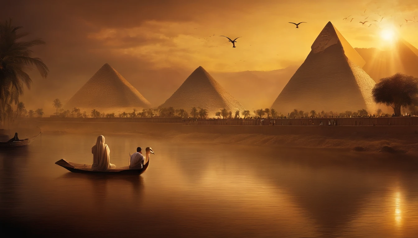 Describe the descent egyptian large city. Paint a captivating picture of the heavenly city and how it offers hope amid the chaos. Highlight the occurrence of people facing this miraculous event.large buildings glowing golden, flying golden lamps, peacocks birds, rivers, nightime, floating dark pyramids whith golden scriptures, statues of naked women kneeling big boobs small waist big butt