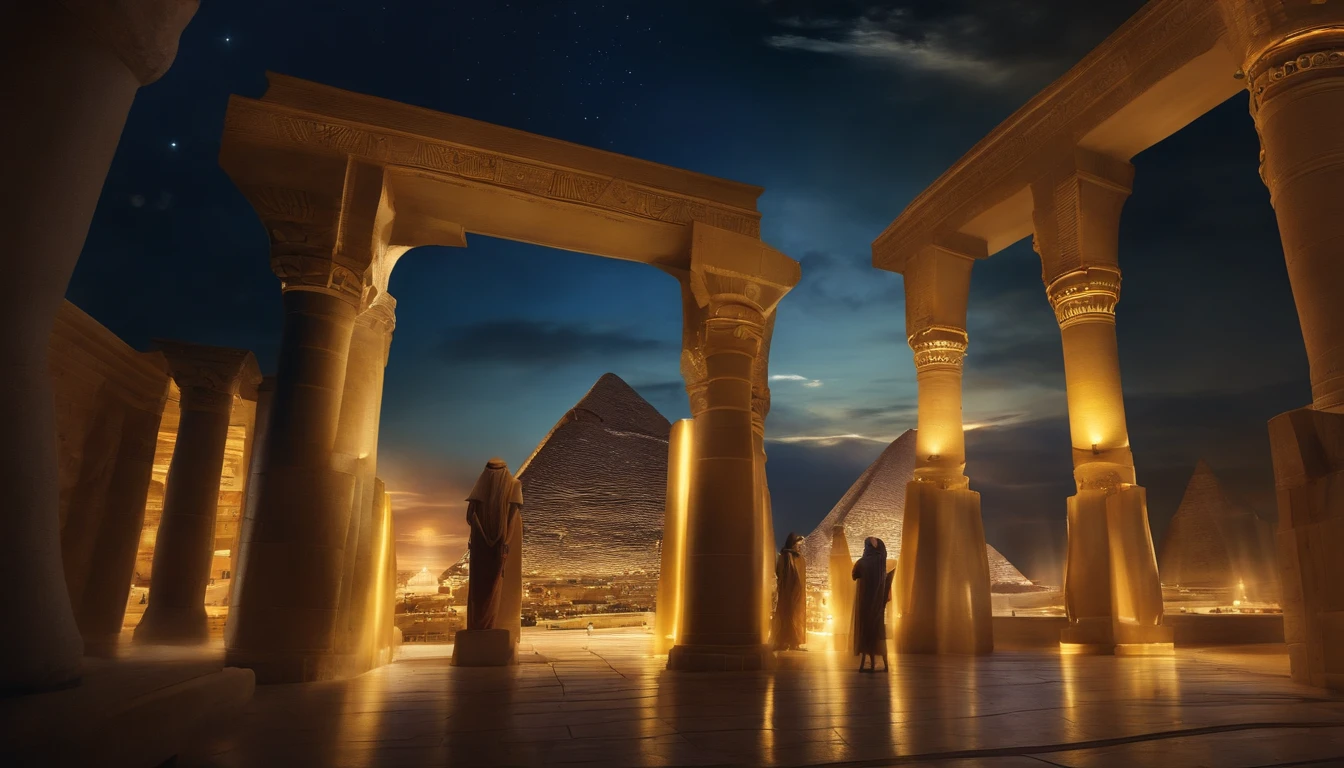Describe the descent egyptian large city. Paint a captivating picture of the heavenly city and how it offers hope amid the chaos. Highlight the occurrence of people facing this miraculous event.large buildings glowing golden, flying golden lamps, peacocks birds, rivers, nightime, floating dark pyramids whith golden scriptures, statues of naked women kneeling big boobs small waist big butt